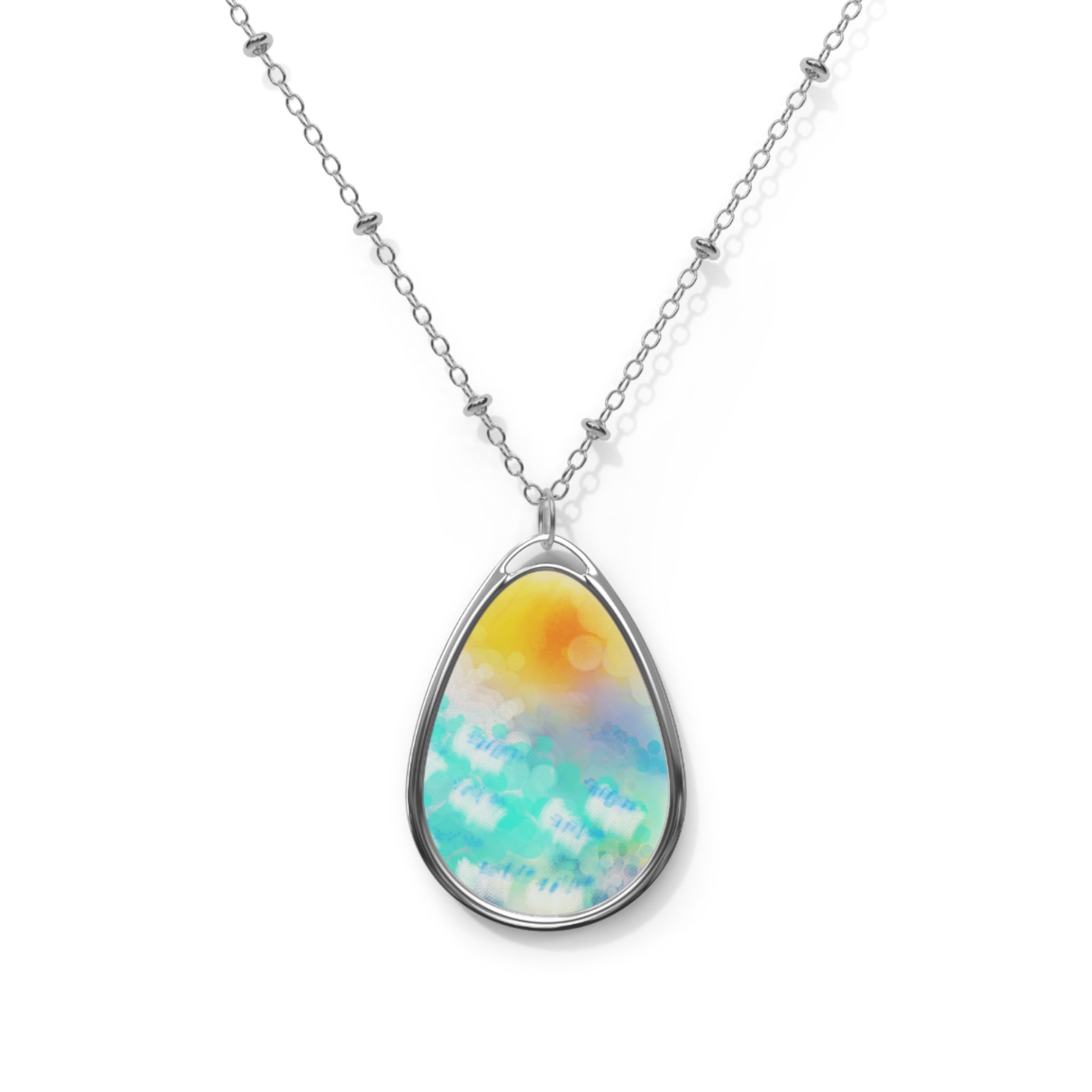 Oval Teardrop Sunrise Pendant Necklace — Colorful Beach Watercolor Oval Necklace