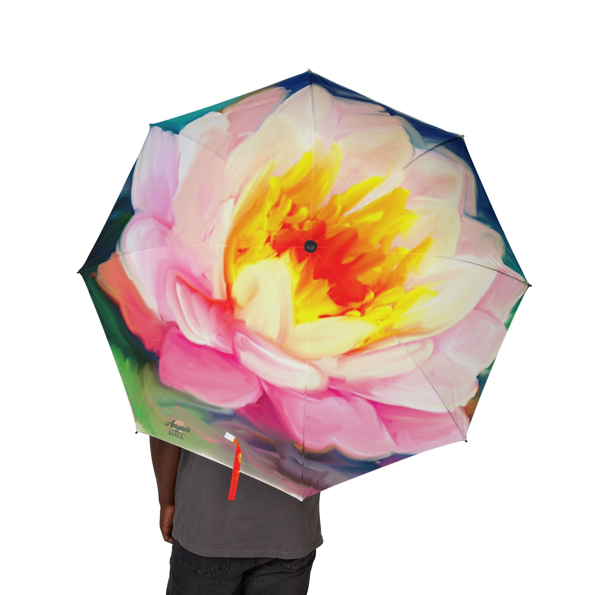 Floral Watercolor Foldable Umbrella — Pink Lotus Print, Compact Semi‑Automatic Rain Umbrella
