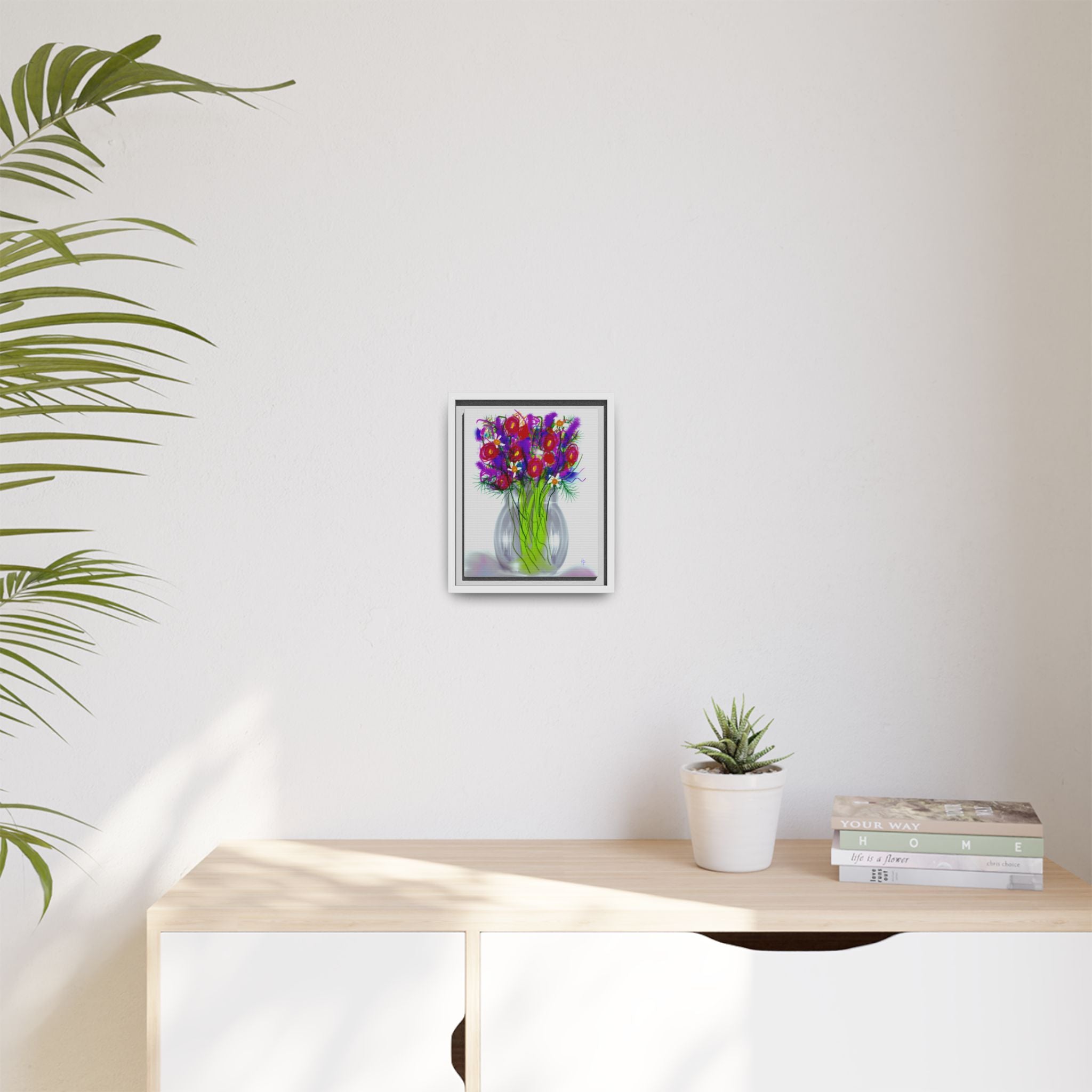 Framed Floral Bouquet Matte Canvas Wall Art — Colorful Abstract Flowers in Vase