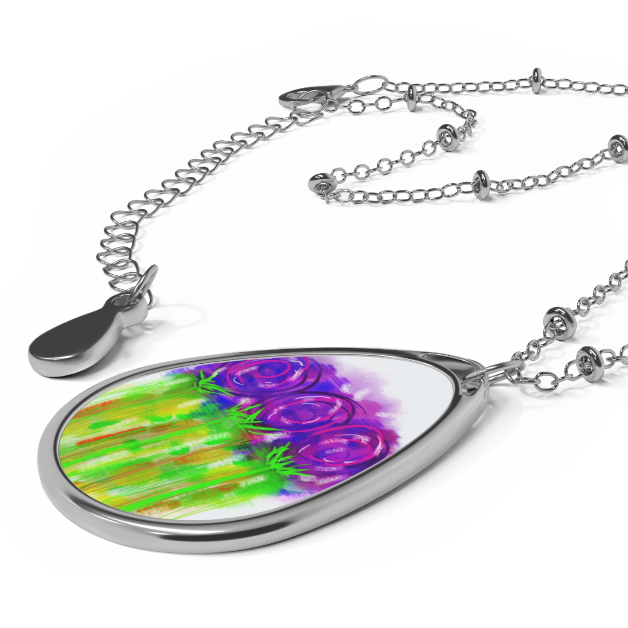 Oval Floral Pendant Necklace — Purple Rose Garden Teardrop Necklace