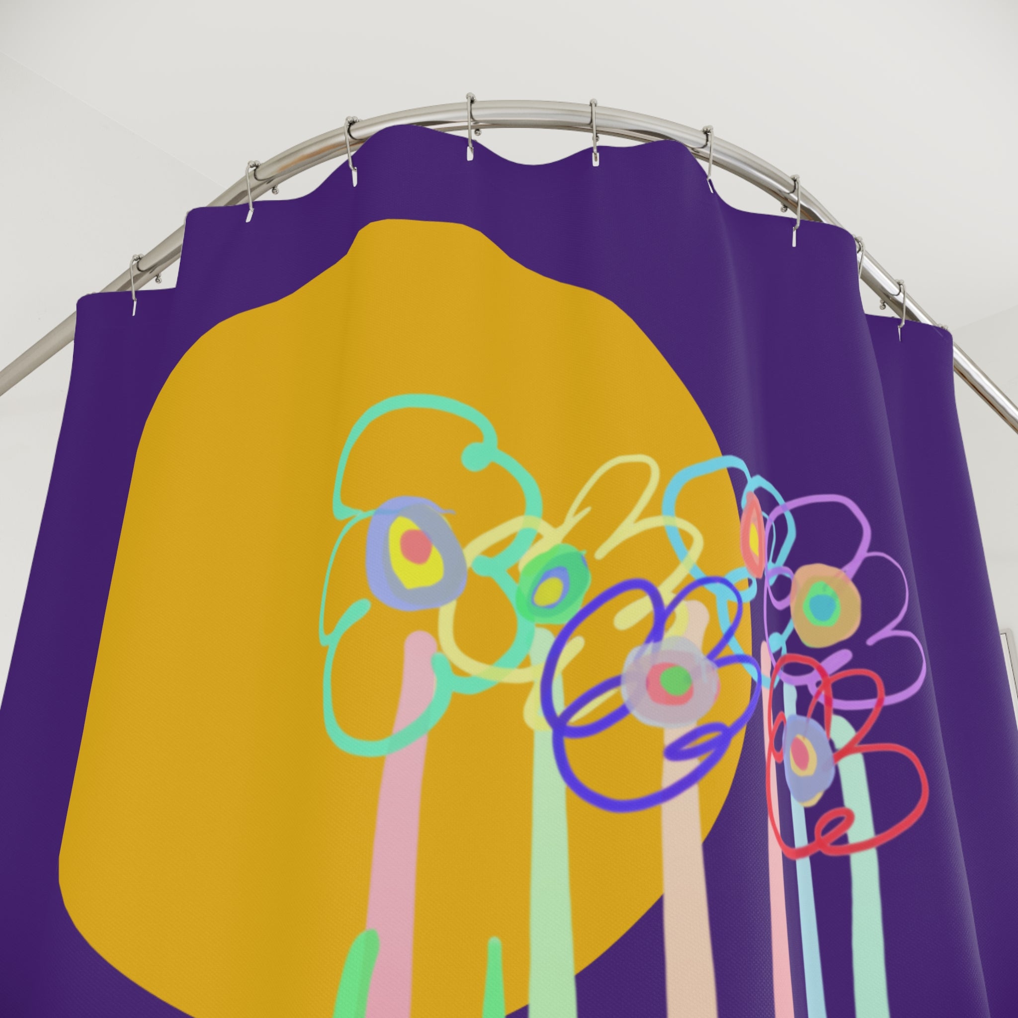 Playful Floral Shower Curtain — Colorful ‘Have Fun’ Sunflower Design