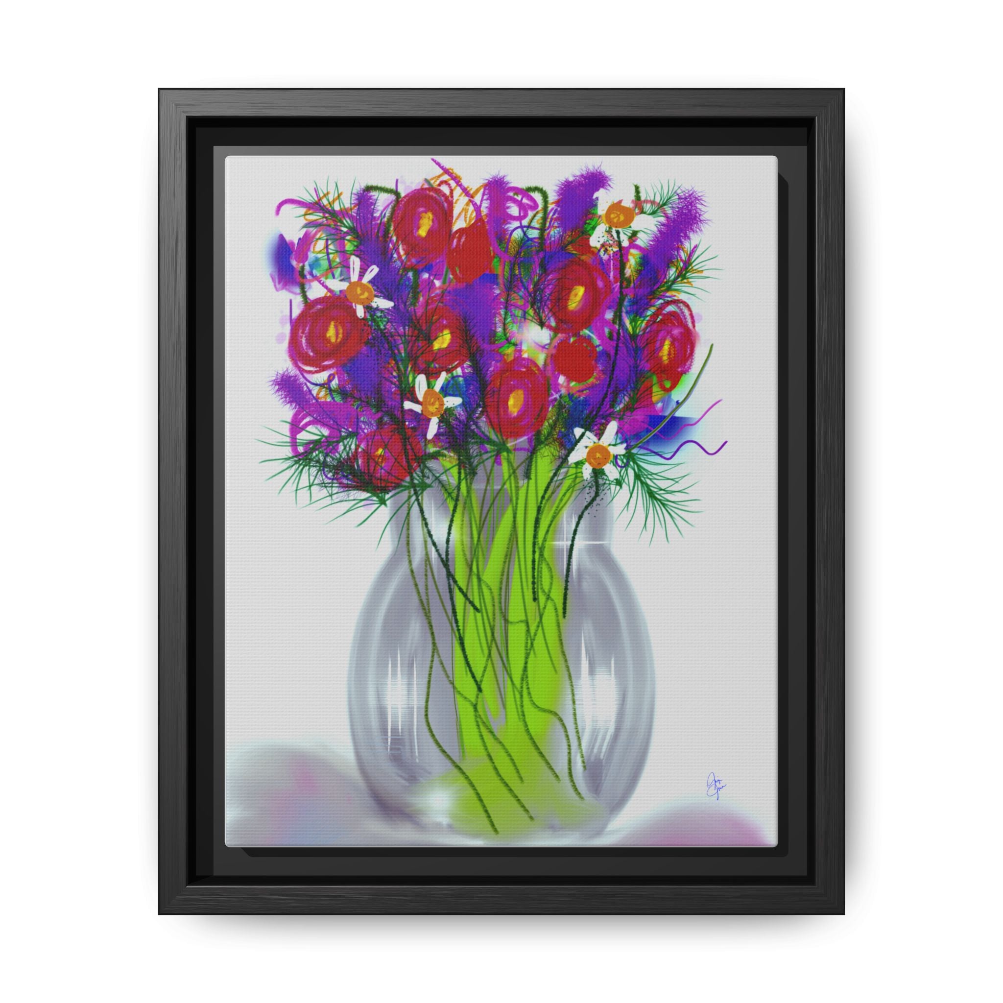 Framed Floral Bouquet Matte Canvas Wall Art — Colorful Abstract Flowers in Vase