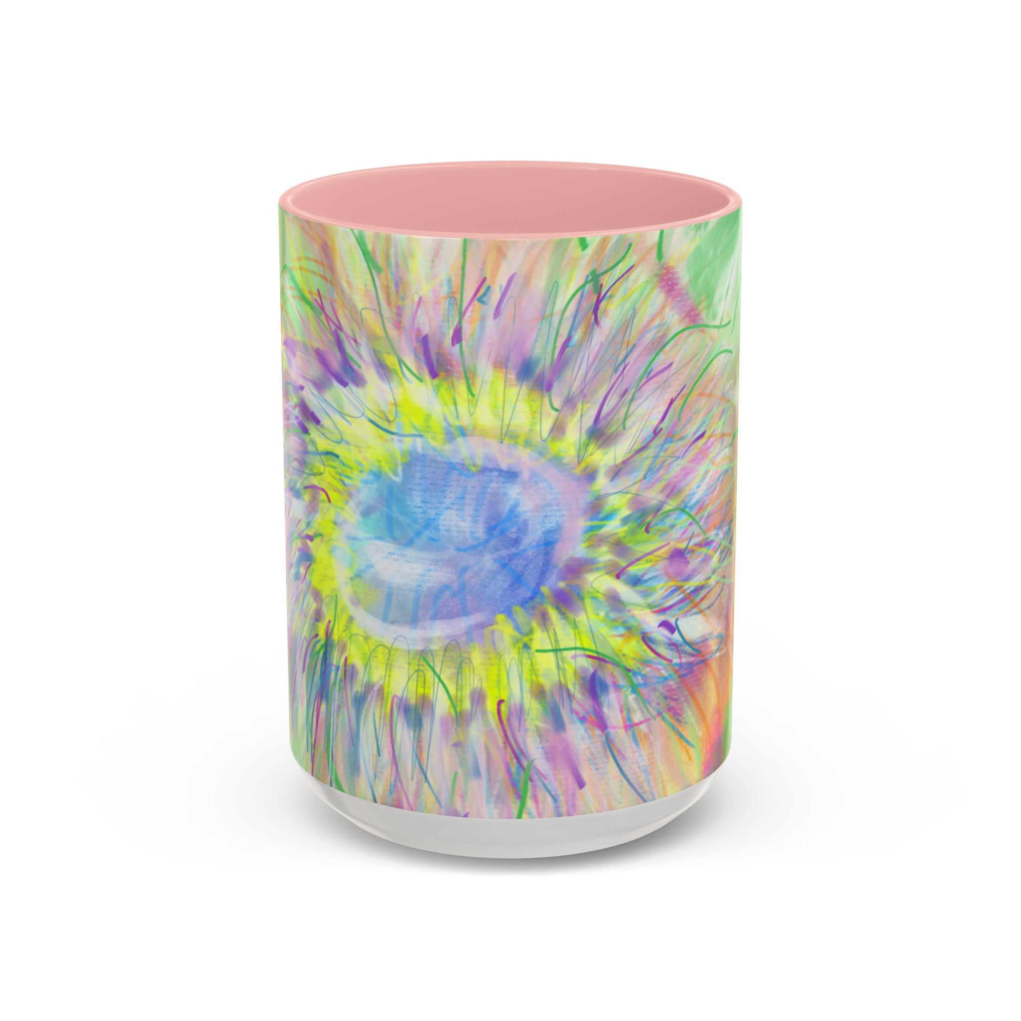 Colorful Sunflower Accent Coffee Mug — Pink Inner Artistic Floral Design (11/15 oz)
