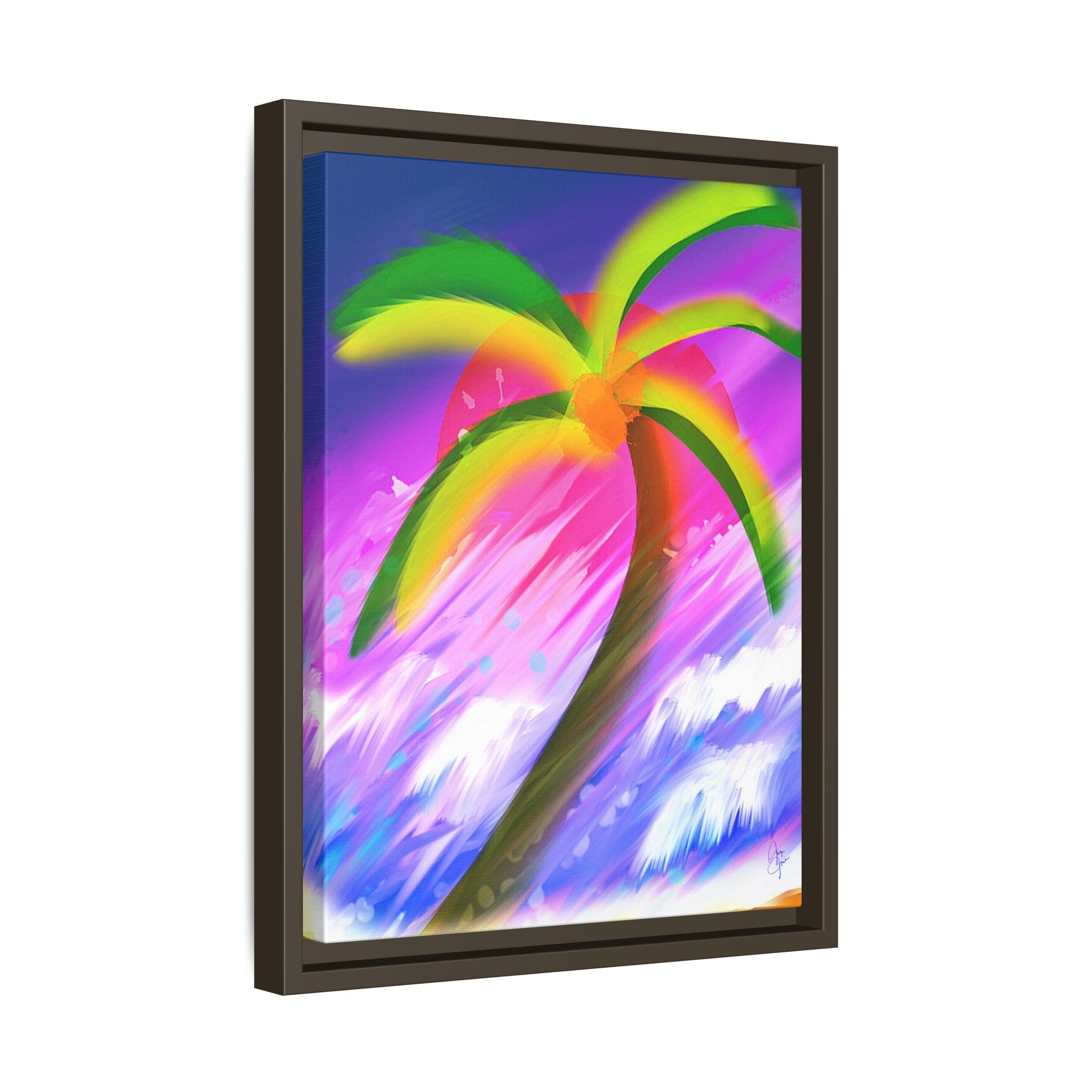 Framed Matte Canvas Print — Neon Palm Beach Art
