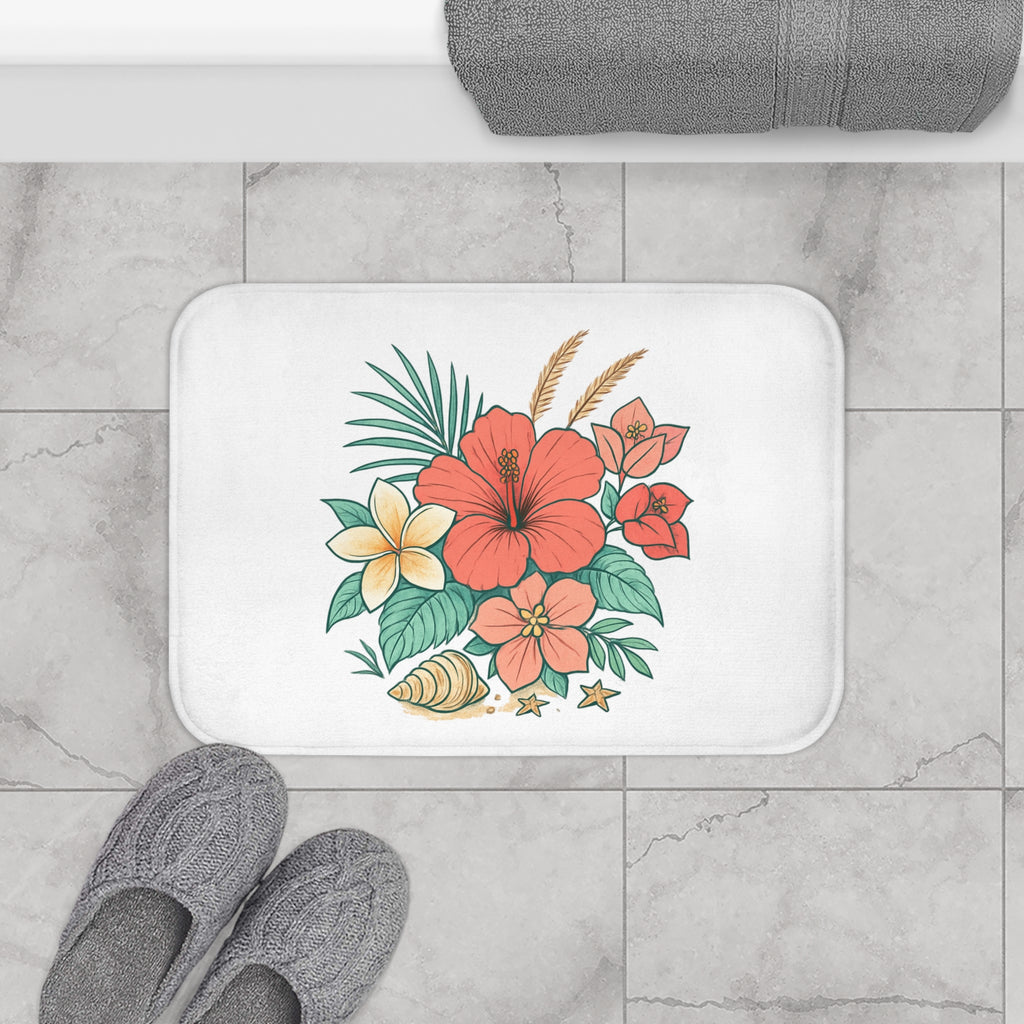 Tropical Hibiscus Bath Mat - Floral Beach Shell Bathroom Rug