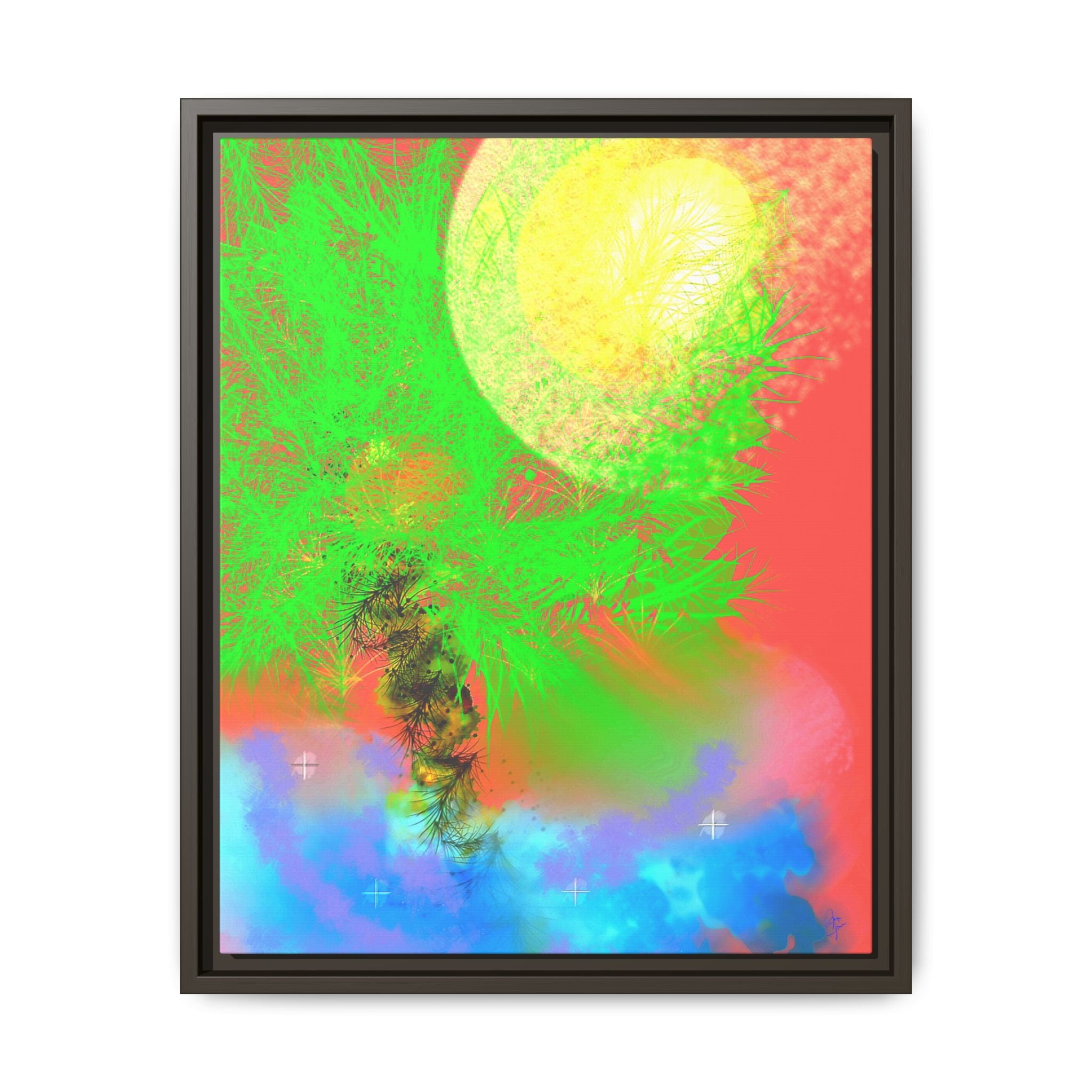 Abstract Neon Tree Matte Canvas Framed Art — Vibrant Green Moon Landscape