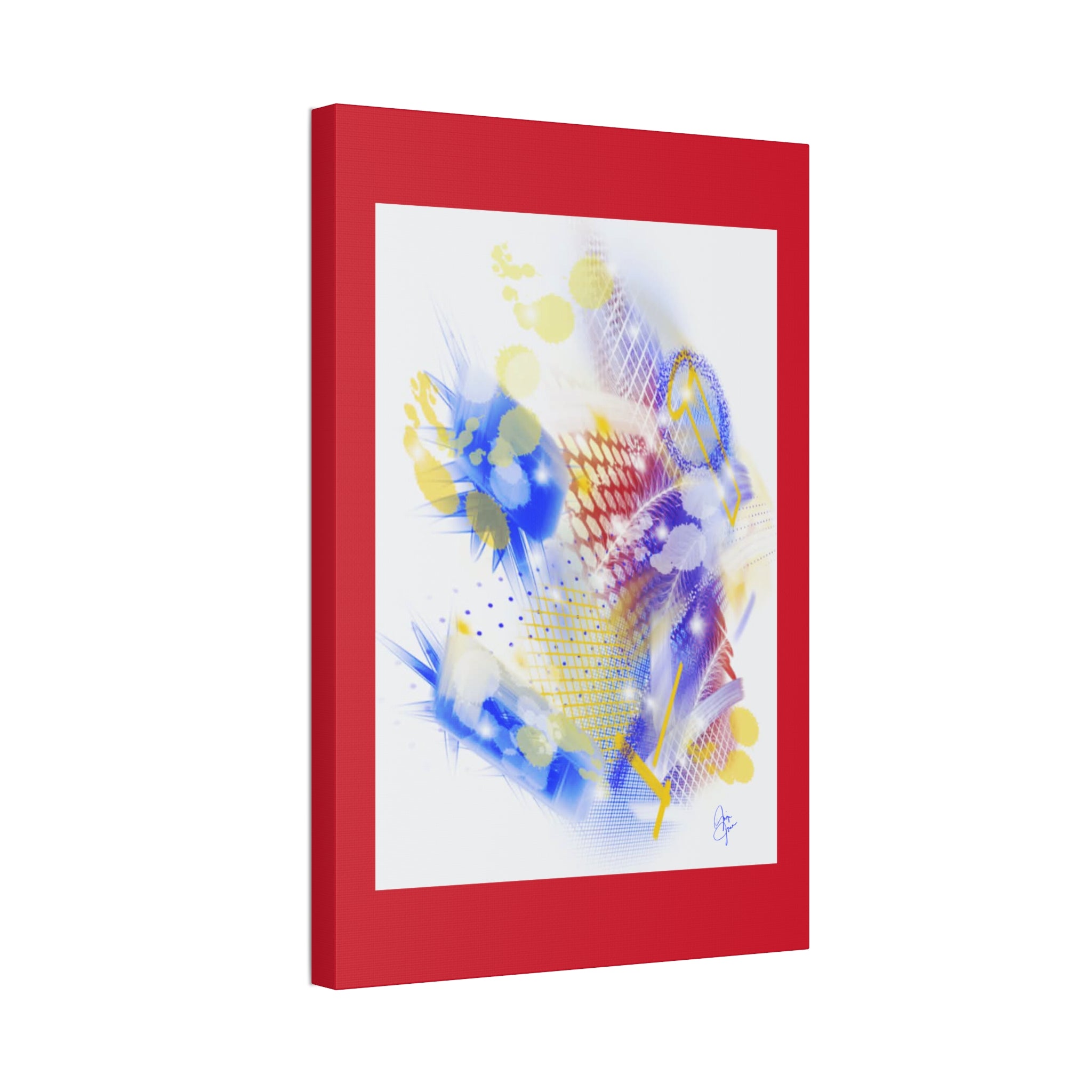 Abstract Blue & Yellow Art Canvas Print — Stretched 1.5" with Red Border