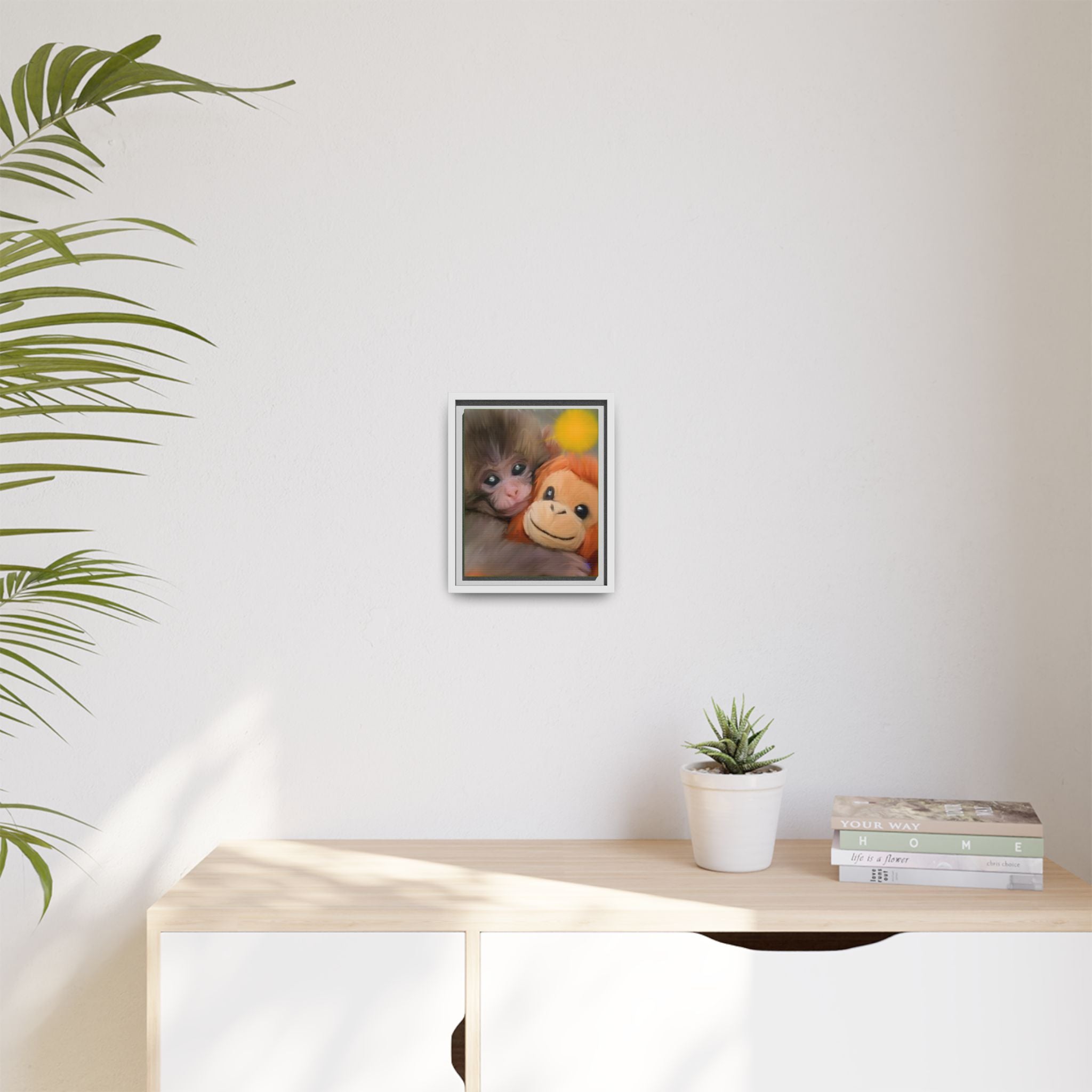 Framed Matte Canvas Print — Baby Monkey & Plush Orangutan Wall Art