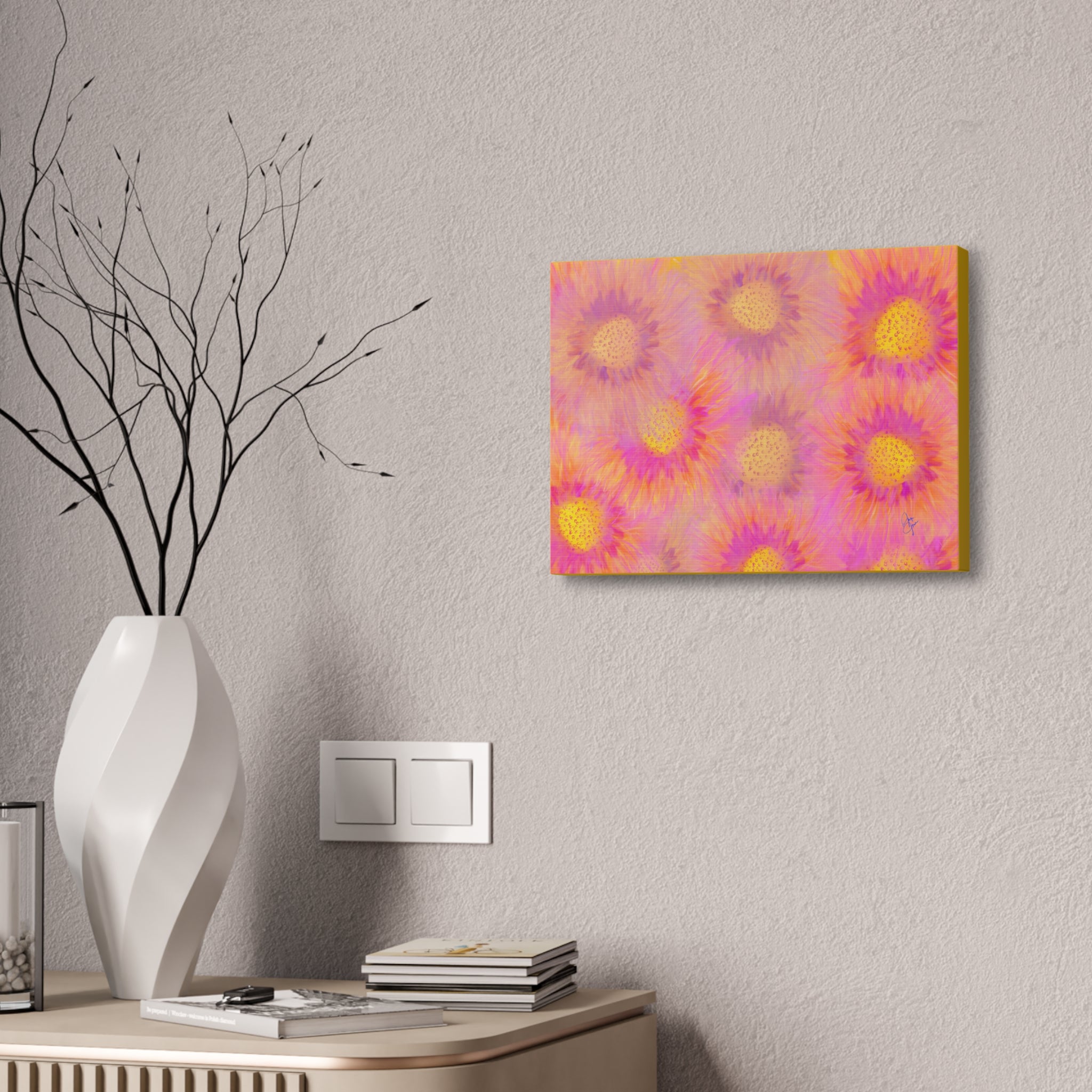 Sunburst Floral Canvas Wall Art — Pink & Yellow Abstract Sunflower Print
