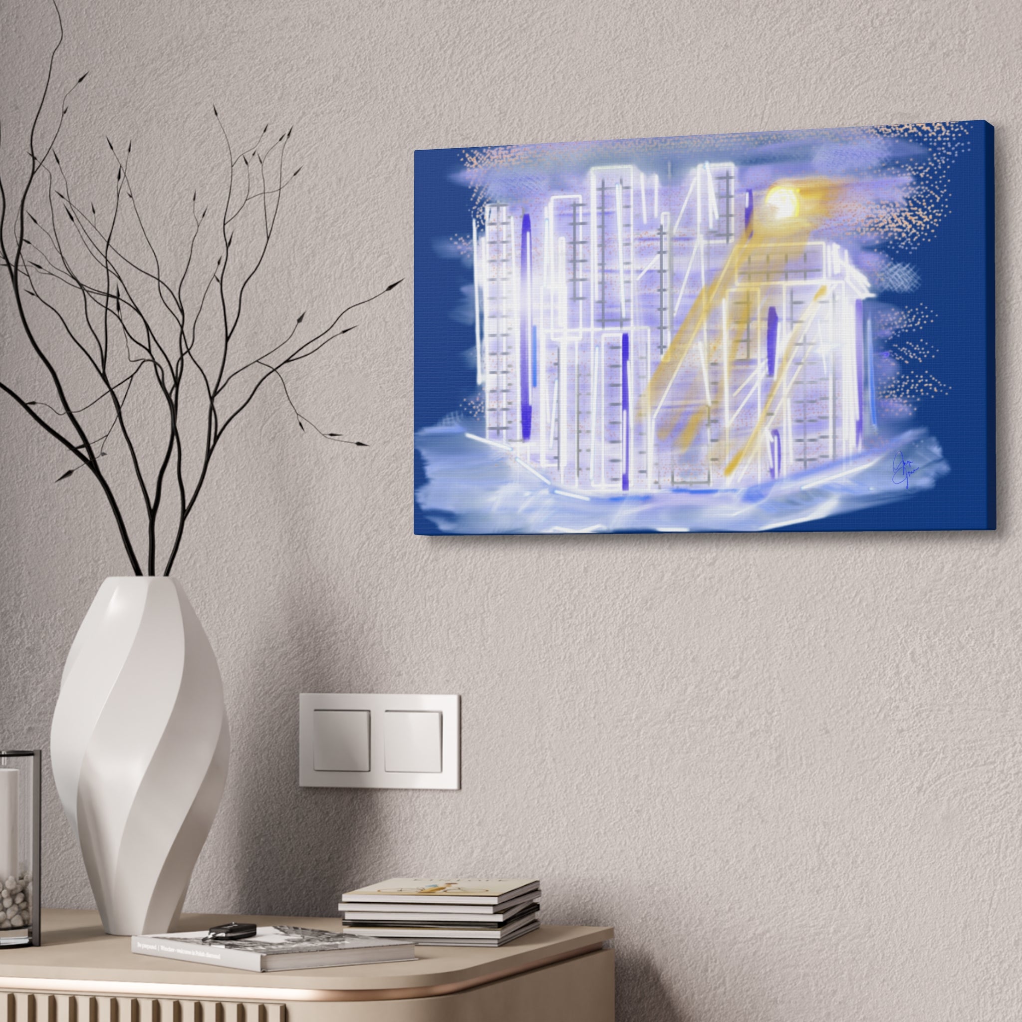 Urban Nightscape Canvas Art - Neon City Skyline Stretched Canvas