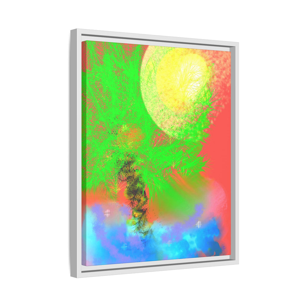 Abstract Neon Tree Matte Canvas Framed Art — Vibrant Green Moon Landscape