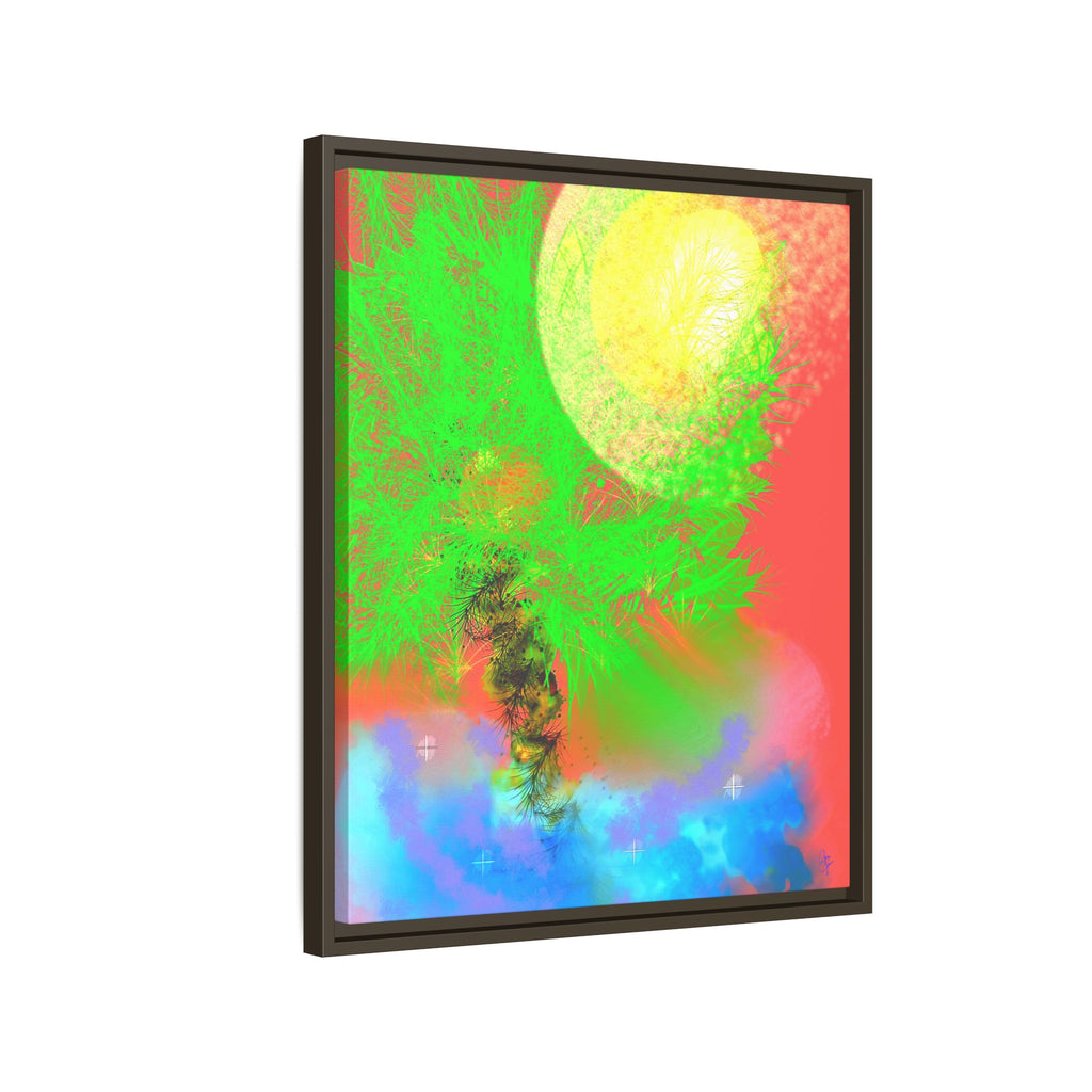 Abstract Neon Tree Matte Canvas Framed Art — Vibrant Green Moon Landscape