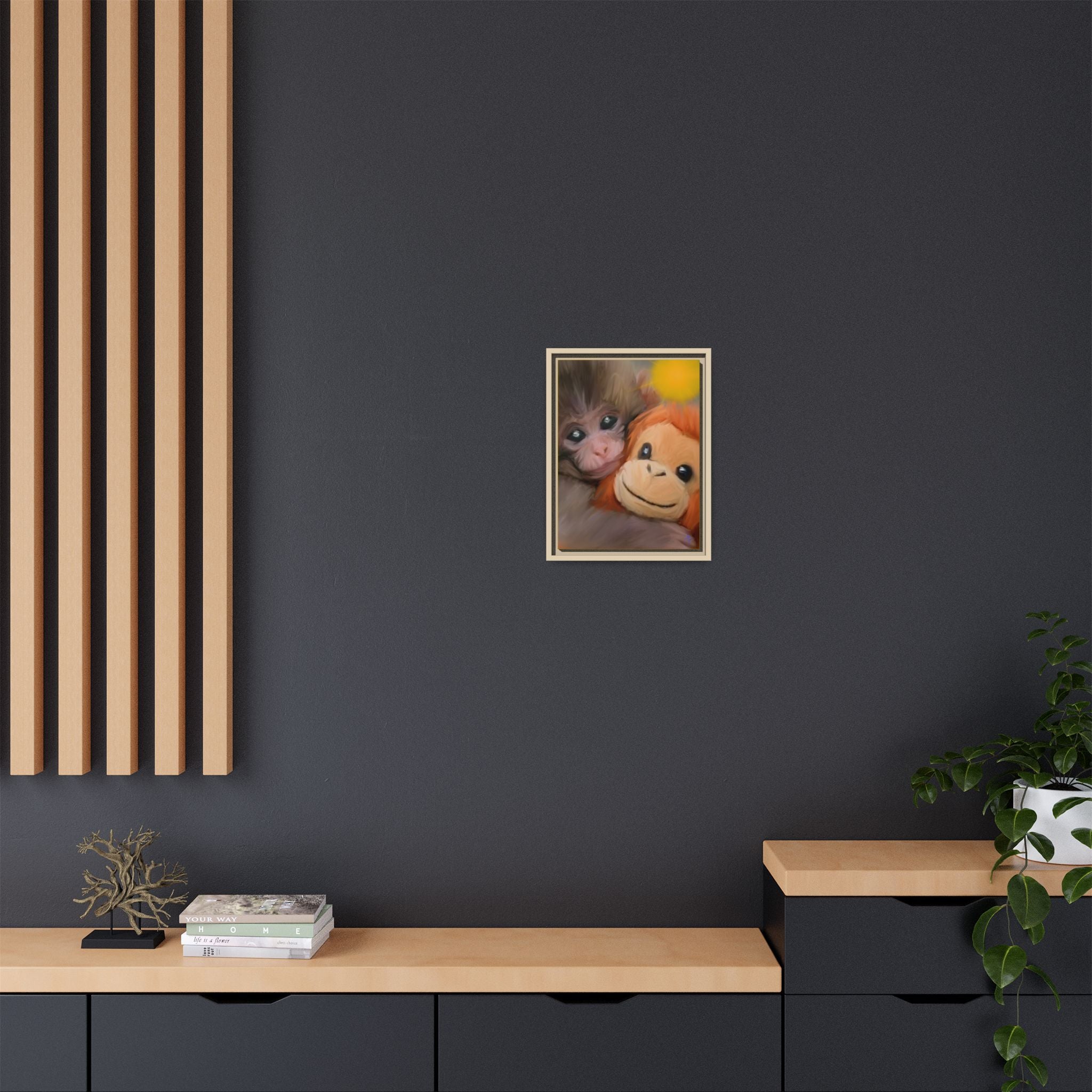 Framed Matte Canvas Print — Baby Monkey & Plush Orangutan Wall Art