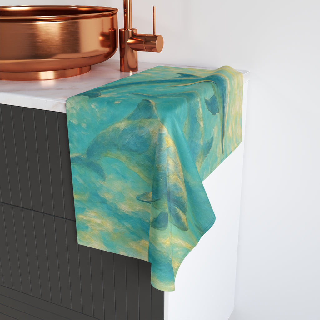 Dolphin Ocean Hand Towel — Turquoise Watercolor Marine Bath Accent