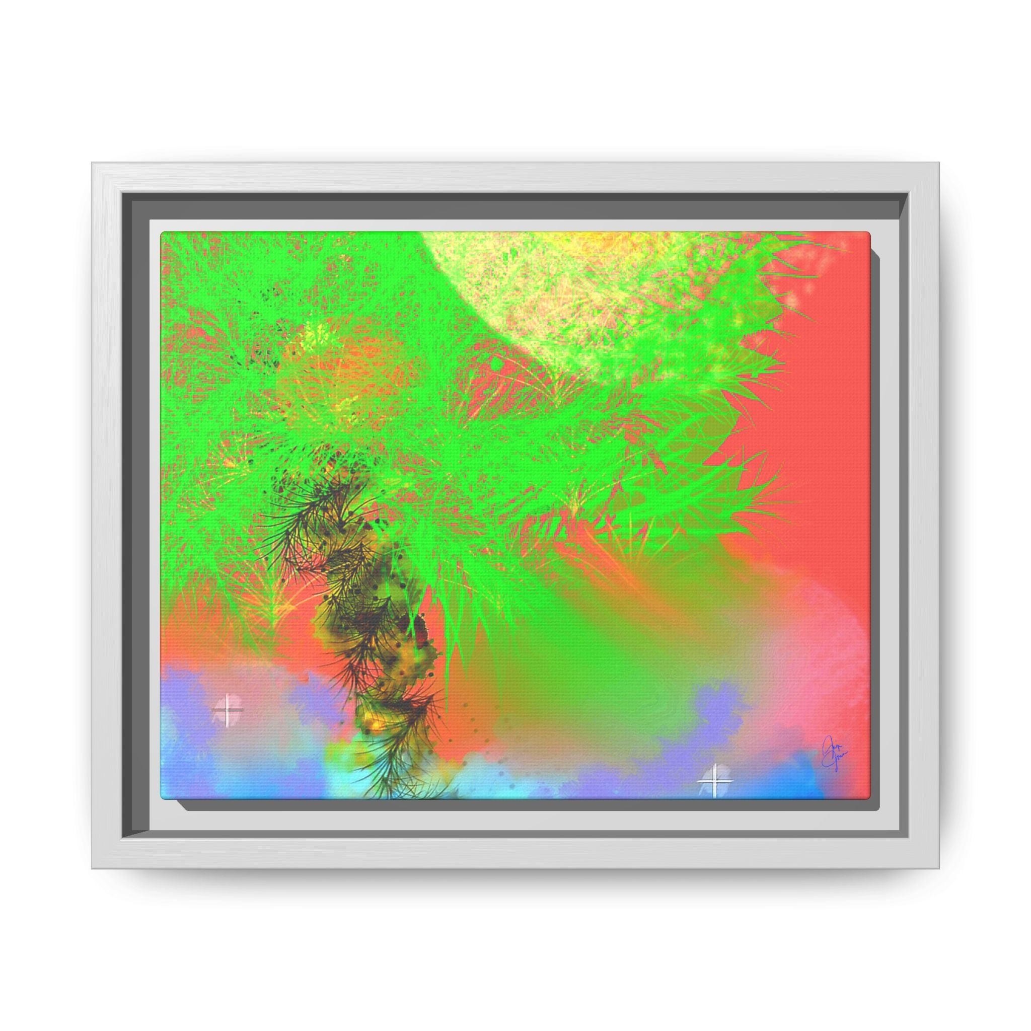 Abstract Neon Tree Matte Canvas Framed Art — Vibrant Green Moon Landscape