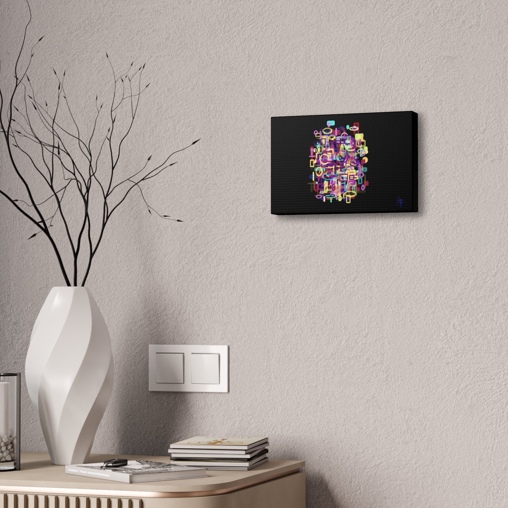 Abstract Neon Shapes Canvas Print — Colorful Geometric Wall Art on Black
