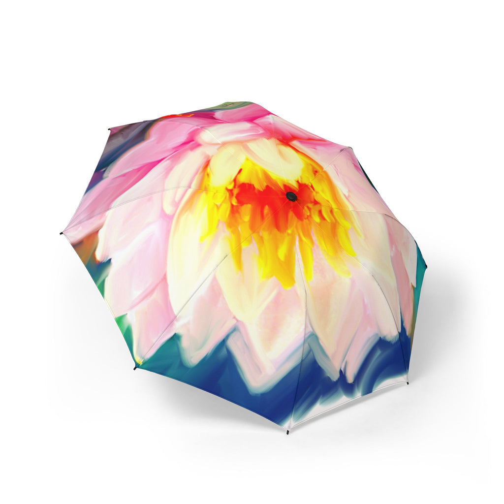 Floral Watercolor Foldable Umbrella — Pink Lotus Print, Compact Semi‑Automatic Rain Umbrella