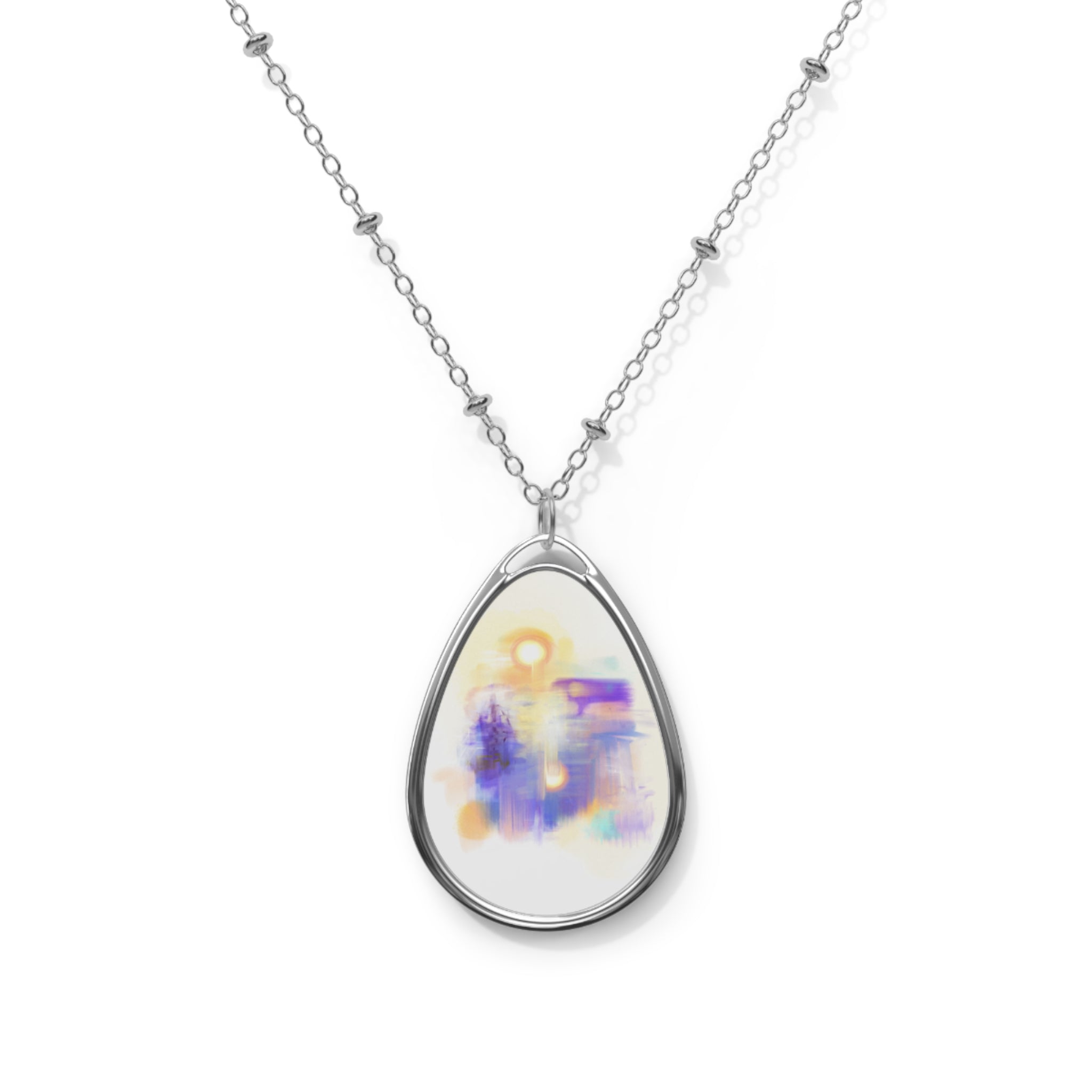 Oval Pendant Necklace — Abstract Watercolor Teardrop Locket