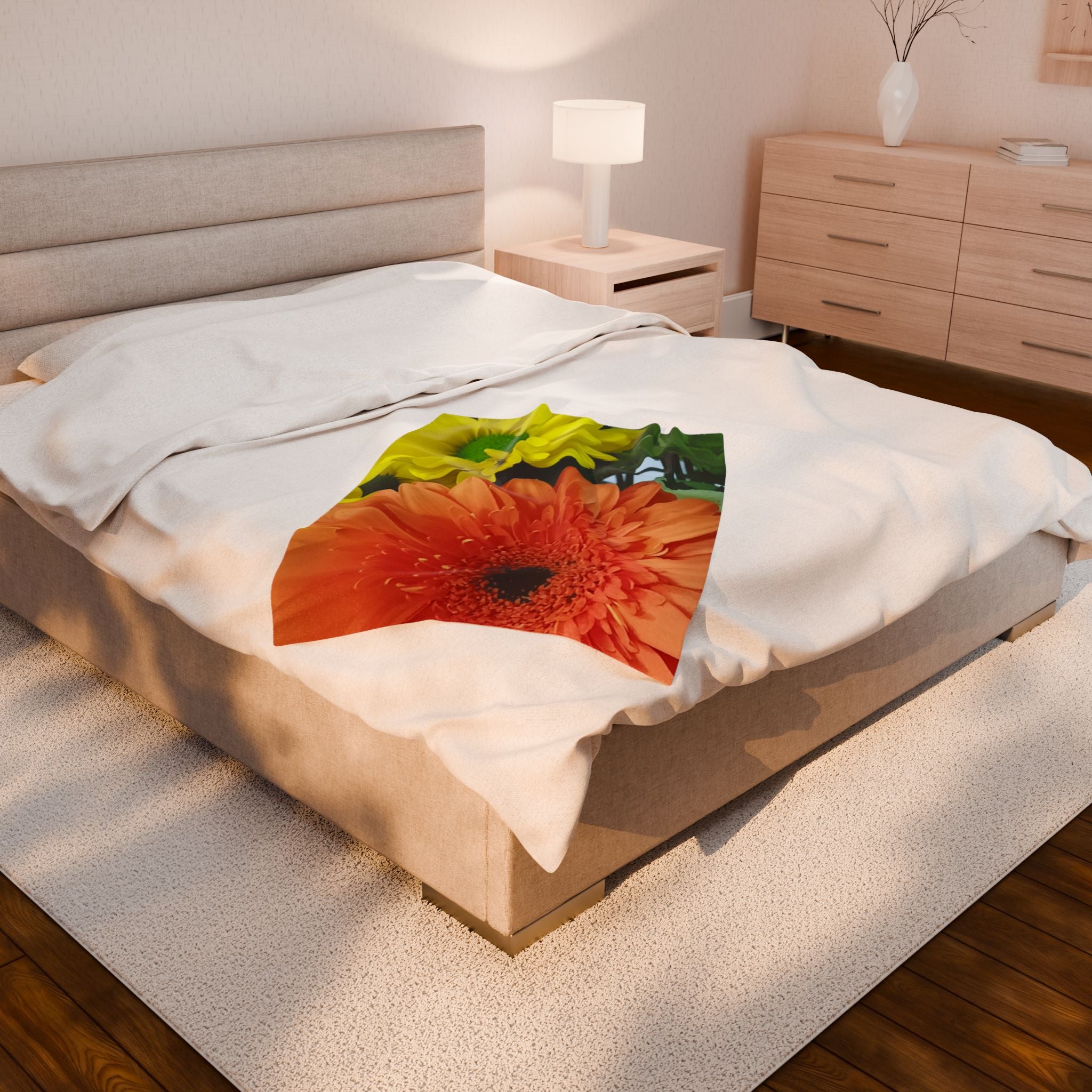 Velveteen Plush Blanket — Bright Orange Gerbera & Yellow Daisy Floral Throw
