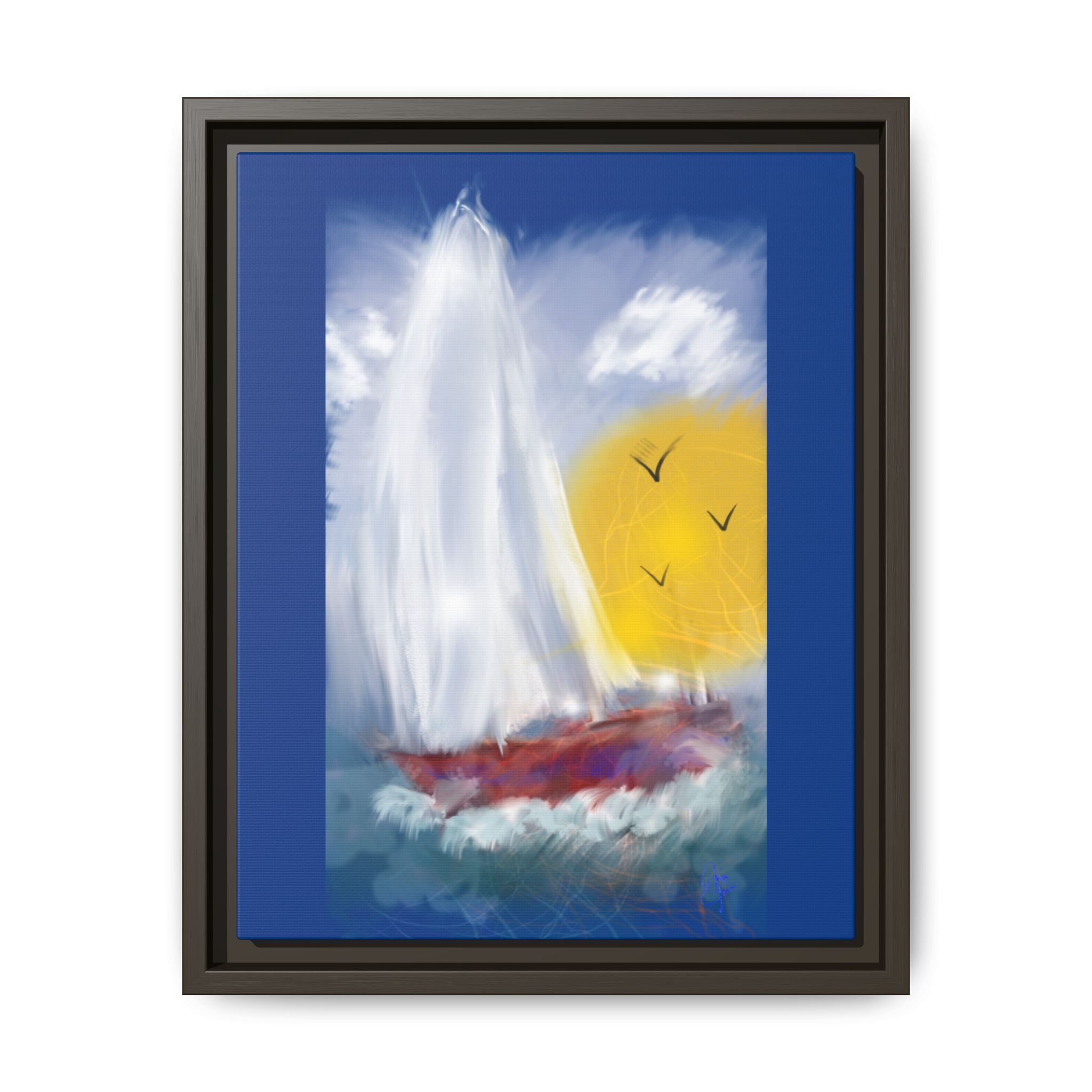 Sailboat Sunset Matte Framed Canvas Print — Coastal Seascape Wall Art