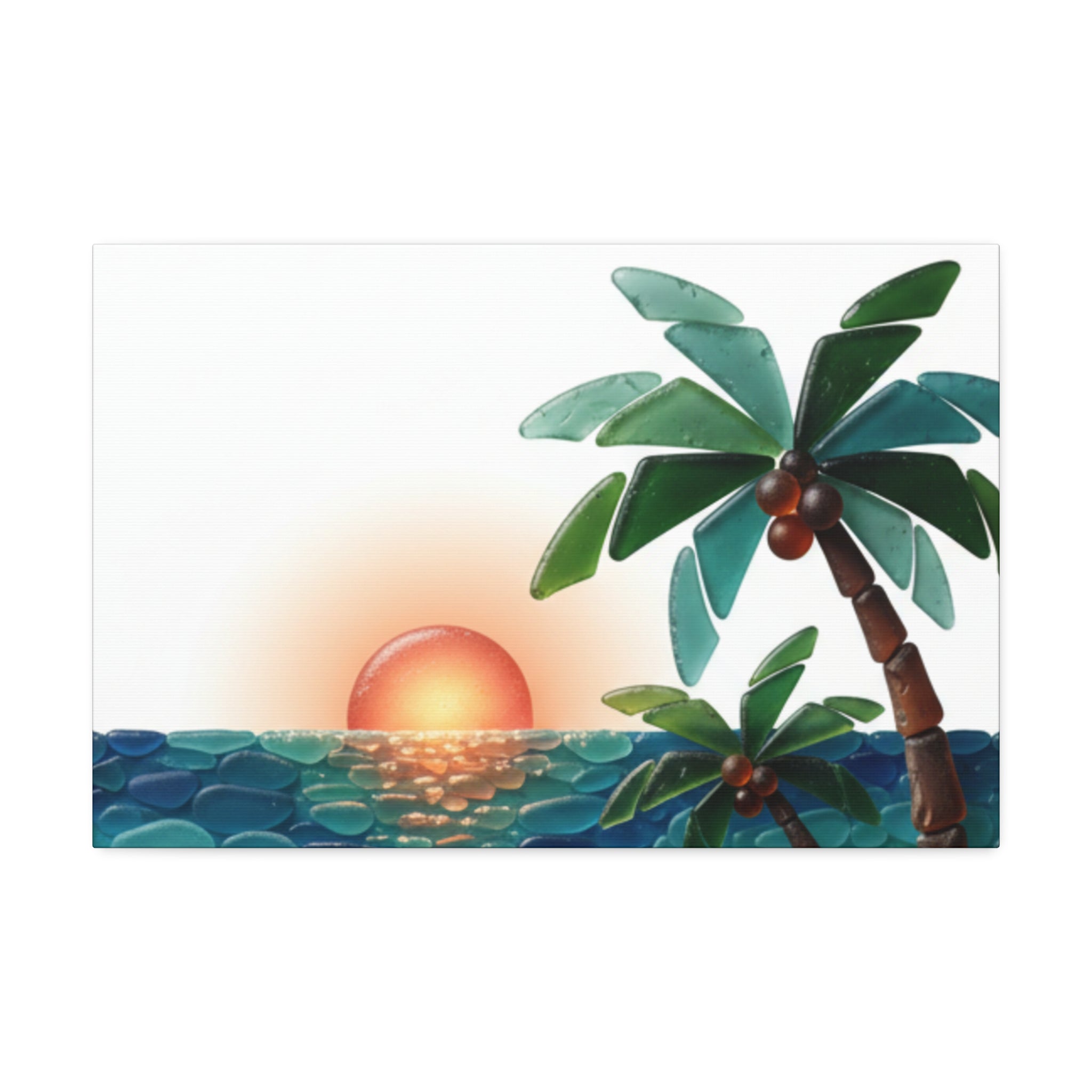 Tropical Sunset Canvas Wall Art — Palm Tree Beach Seascape Stretched Canvas