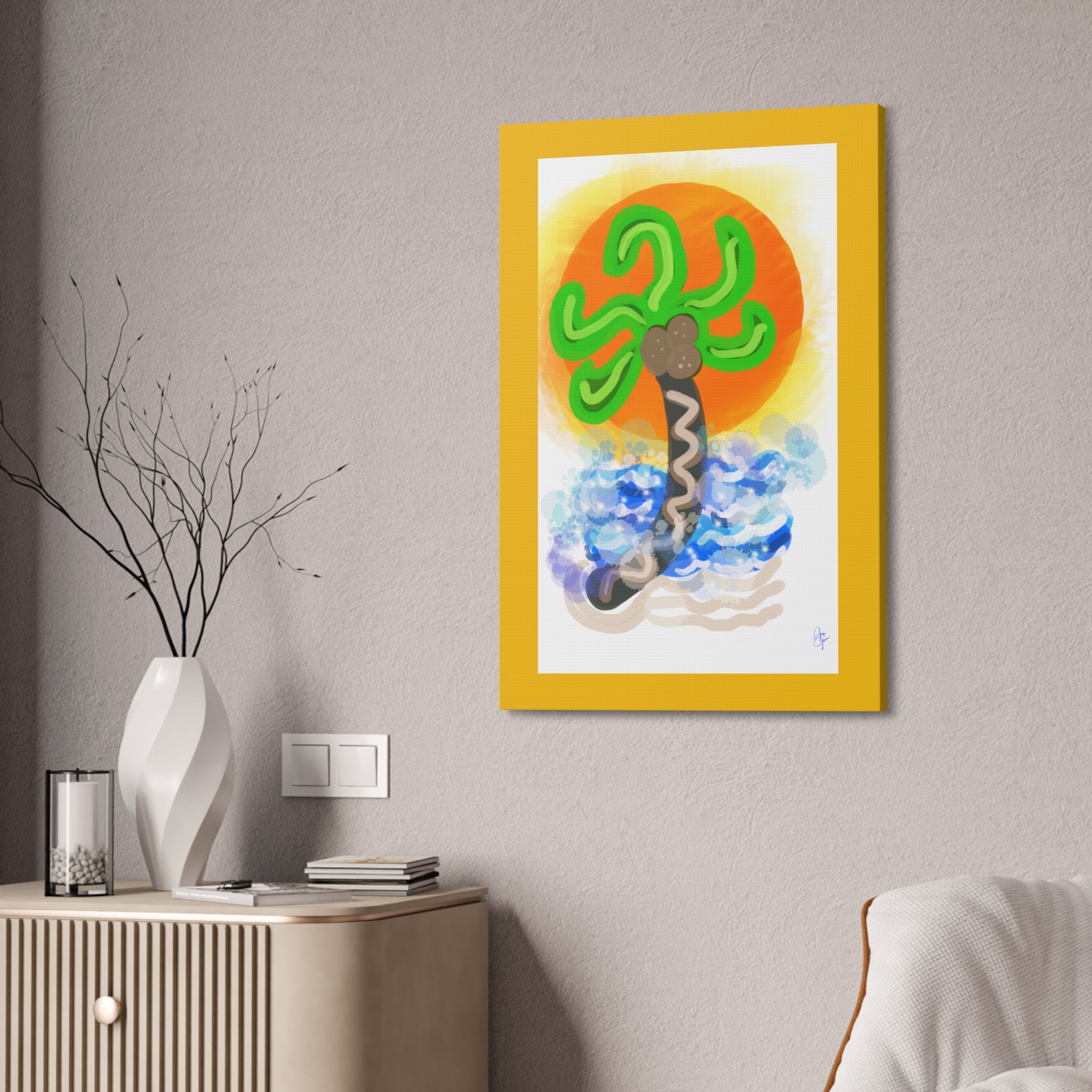 Palm Tree Sunset Canvas Print — Whimsical Tropical Wall Art