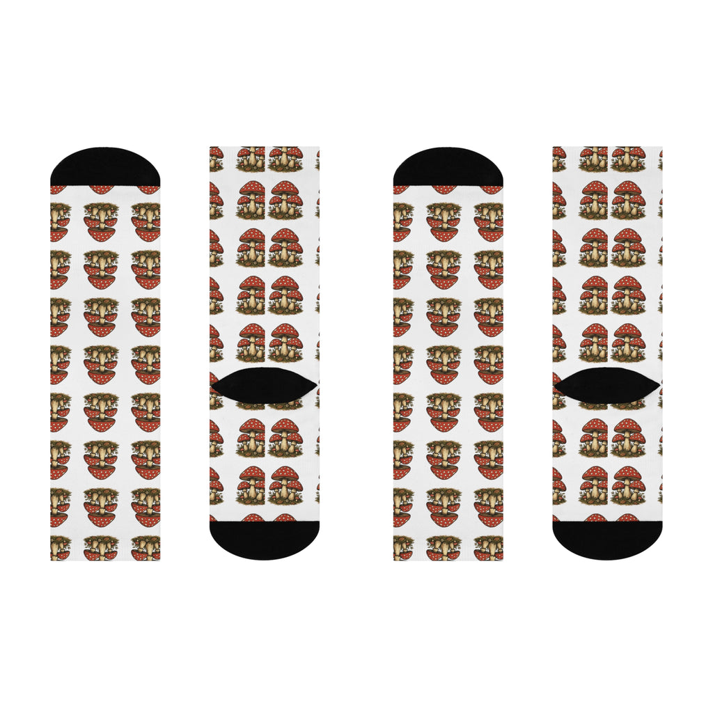 Mushroom Pattern Cushioned Crew Socks — Funky Red Toadstool Knee-High Socks