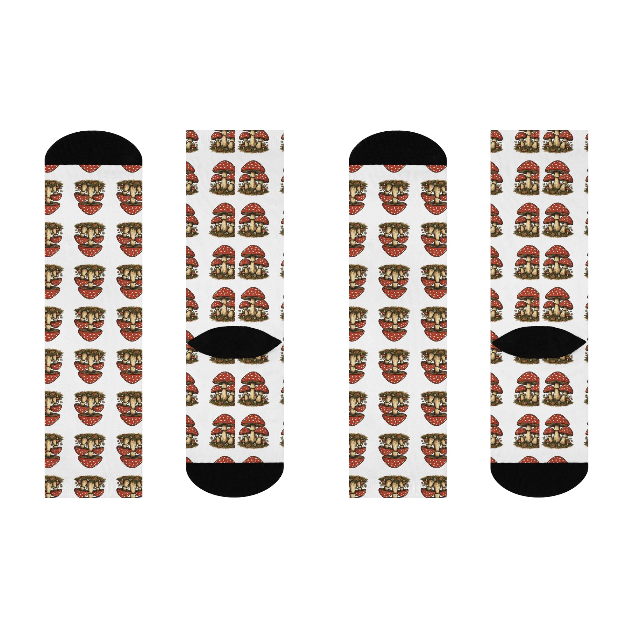 Mushroom Pattern Cushioned Crew Socks — Funky Red Toadstool Knee-High Socks