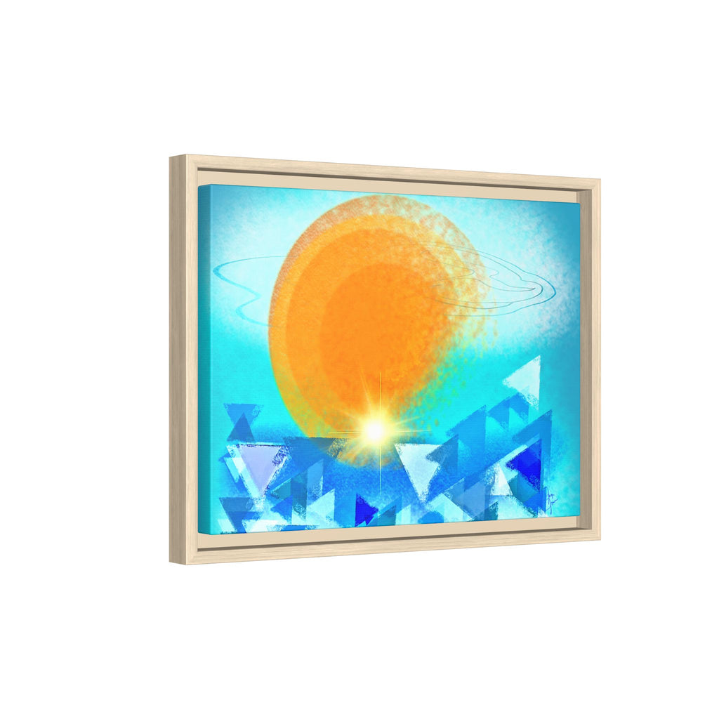 Abstract Sunrise Framed Canvas Art – Orange Sun Over Blue Geometric Waves