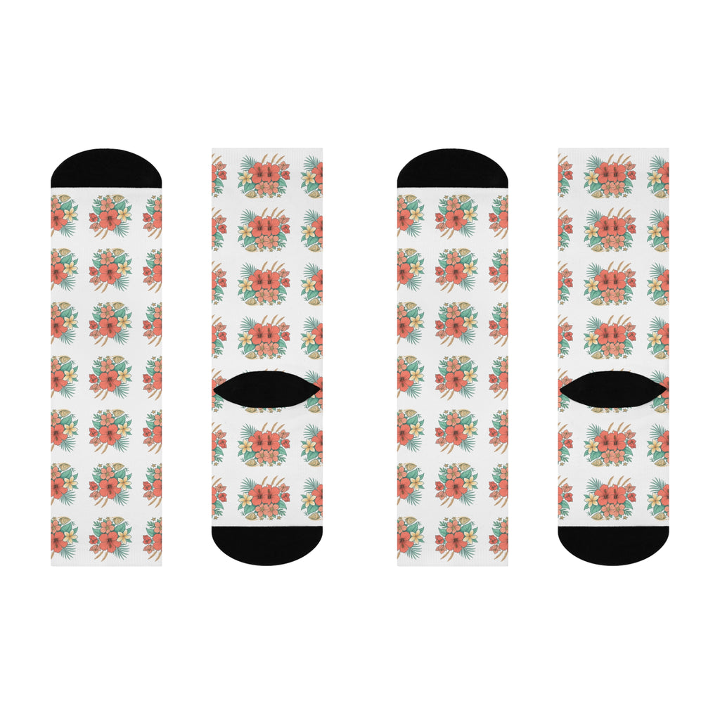 Floral Bouquet Crew Socks – Coral Hibiscus Pattern Cushioned Socks