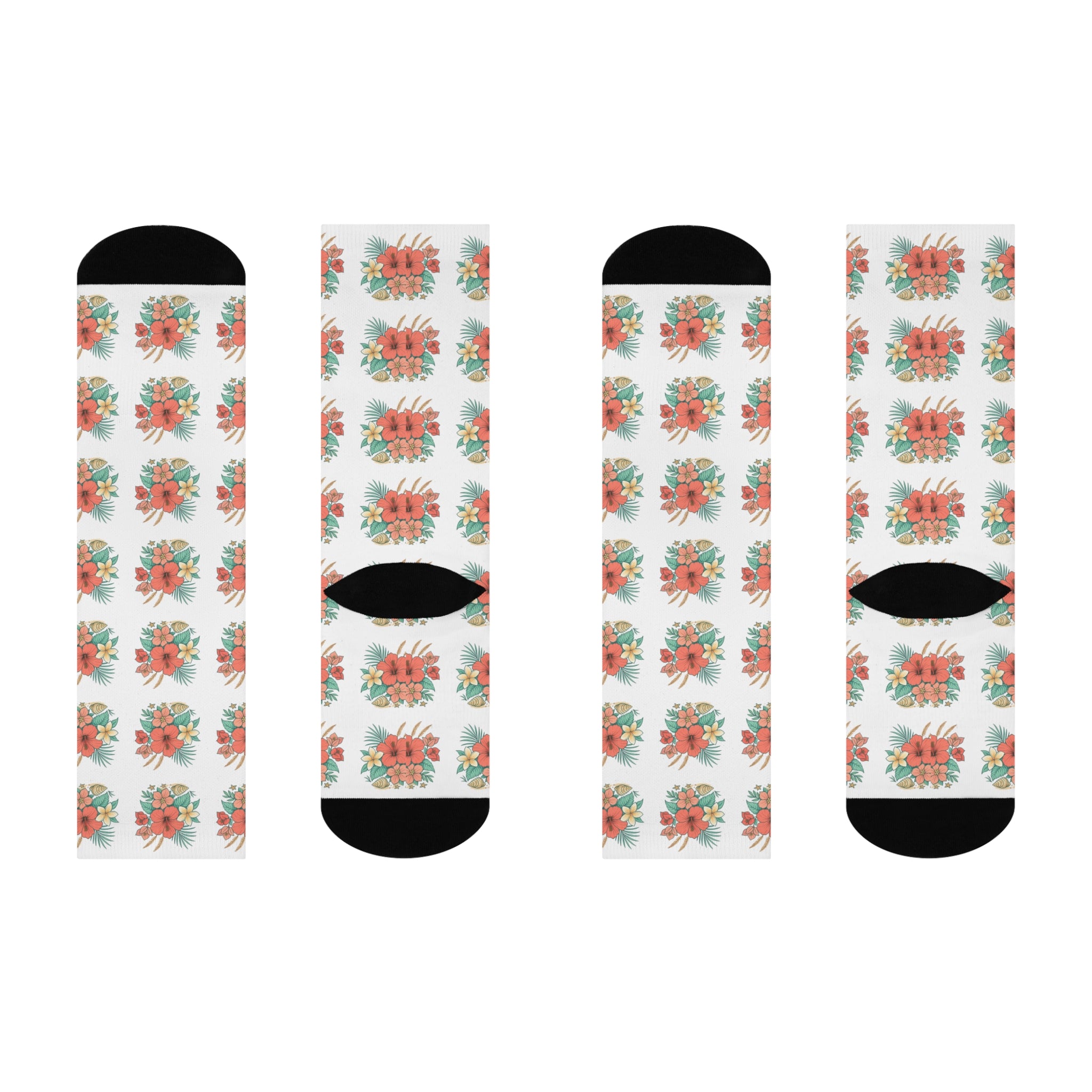 Floral Bouquet Crew Socks – Coral Hibiscus Pattern Cushioned Socks