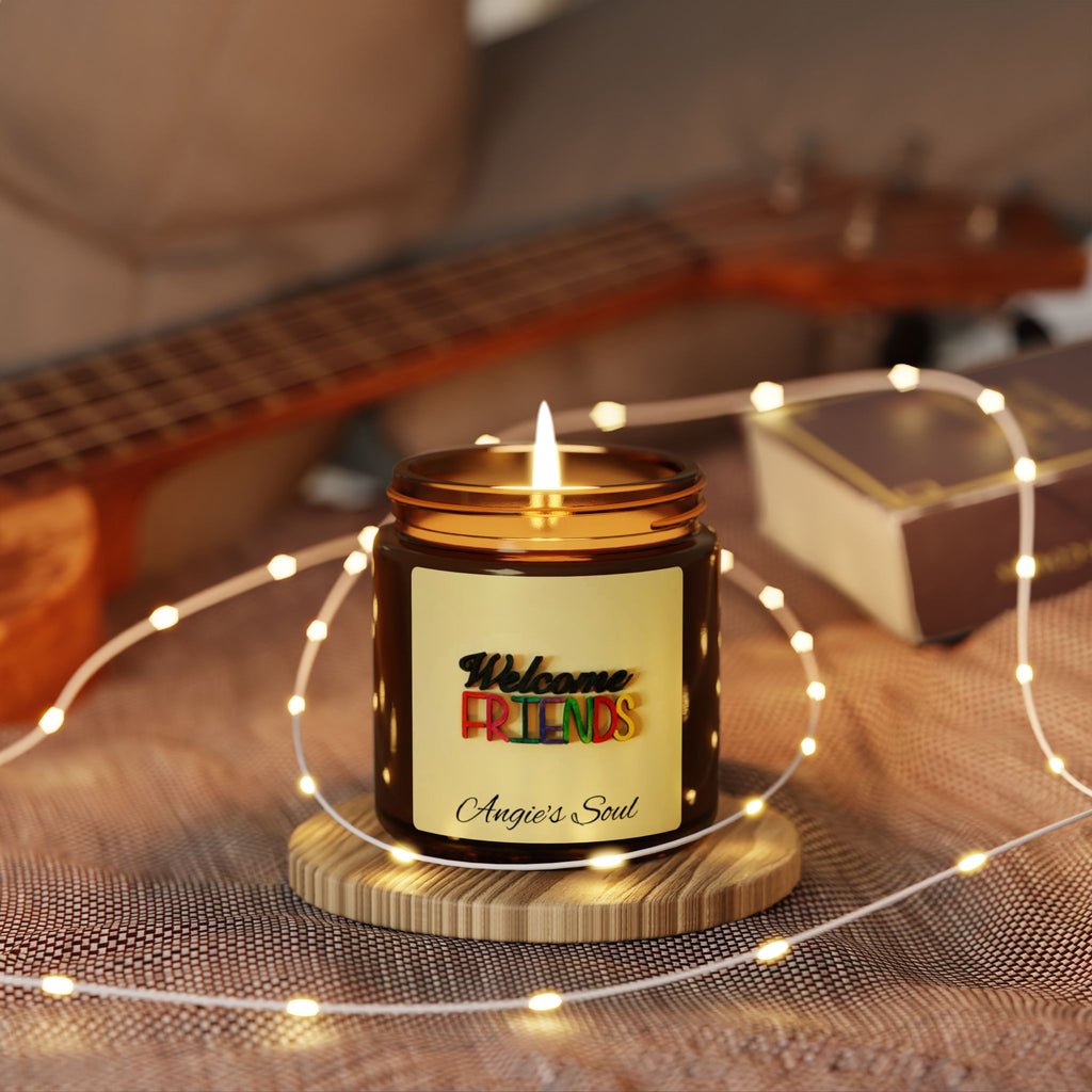 Welcome Friends Soy Candle — Amber Jar Scented Candle (Personalized "Angie’s Soul")