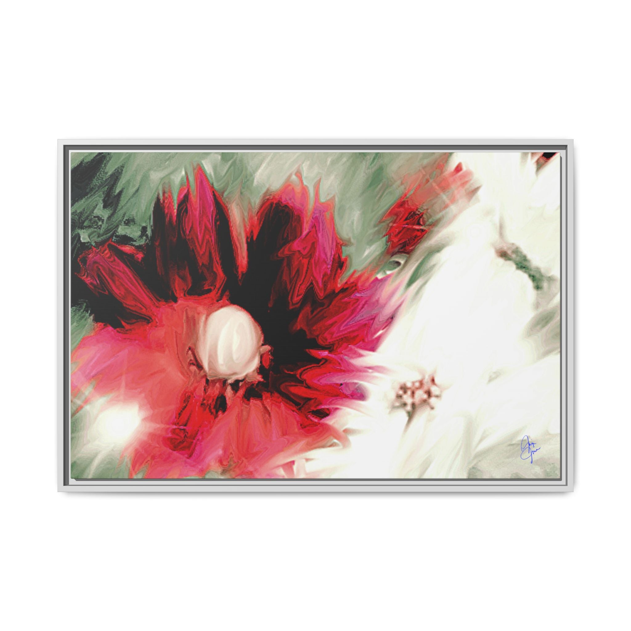 Framed Matte Canvas Print — Blurred Red & White Floral Art