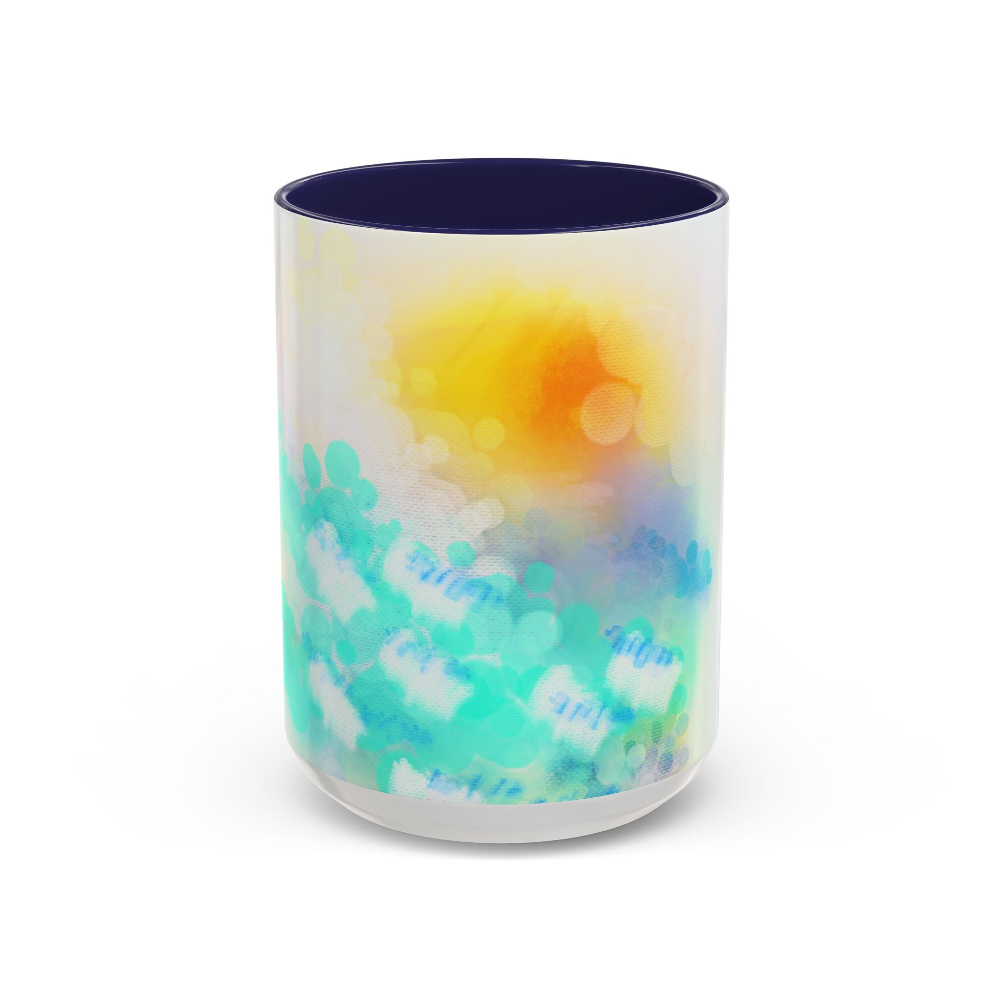 Sunrise Watercolor Accent Coffee Mug — Bright Abstract Teal & Yellow Ceramic