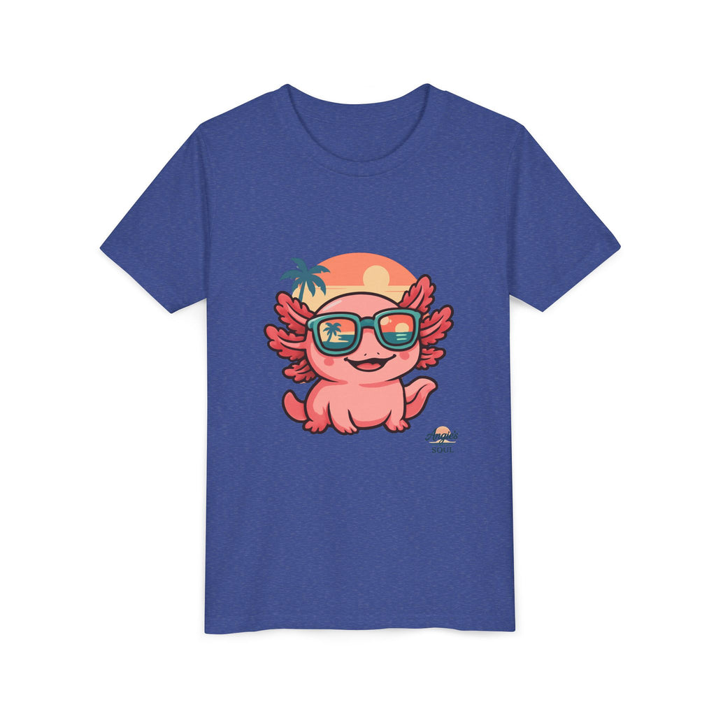 Axolotl Sunset Kids Tee — Cute Sunglasses Beach Axolotl Youth T-Shirt