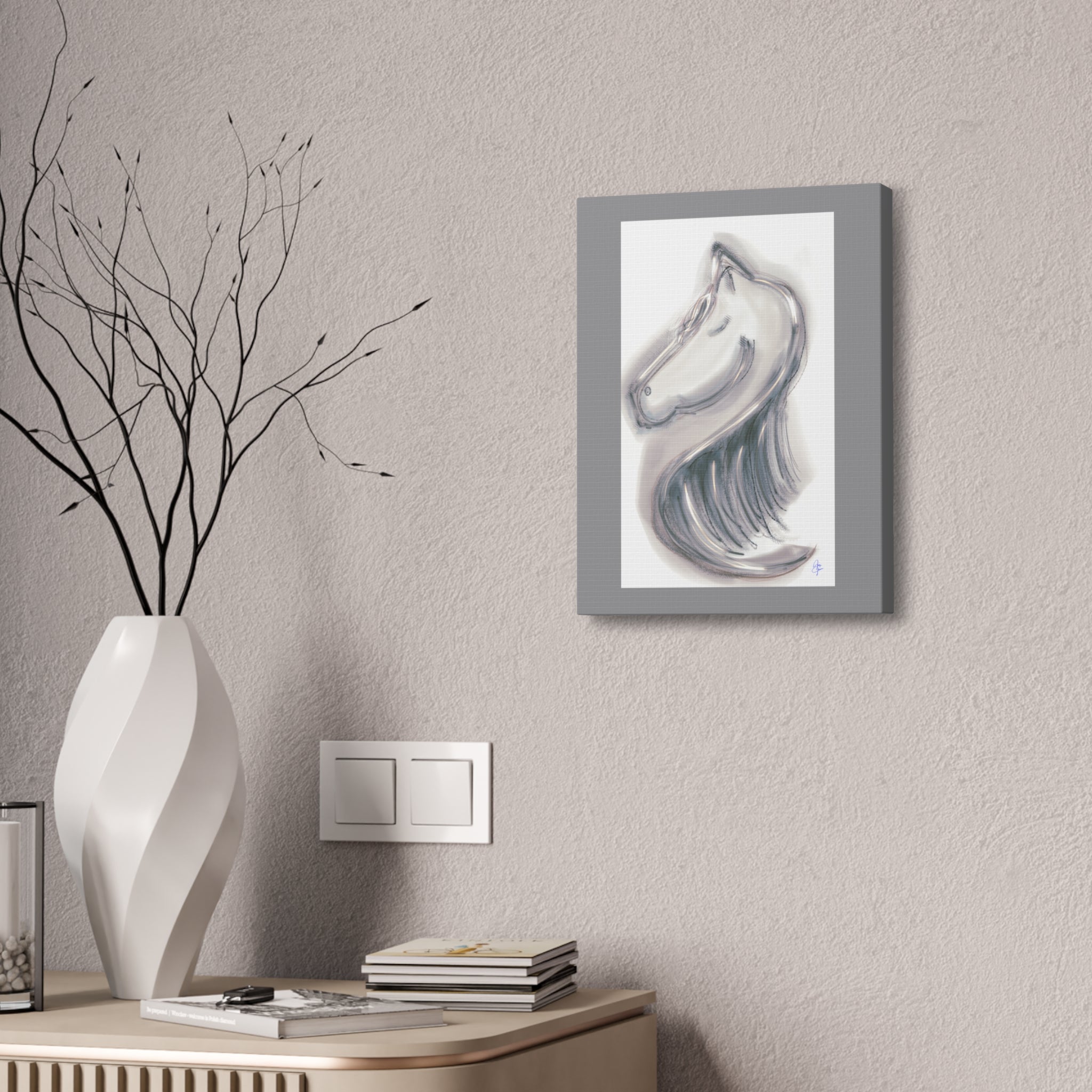 Silver Horse Head Canvas Art — Modern Minimalist Equestrian Wall Decor