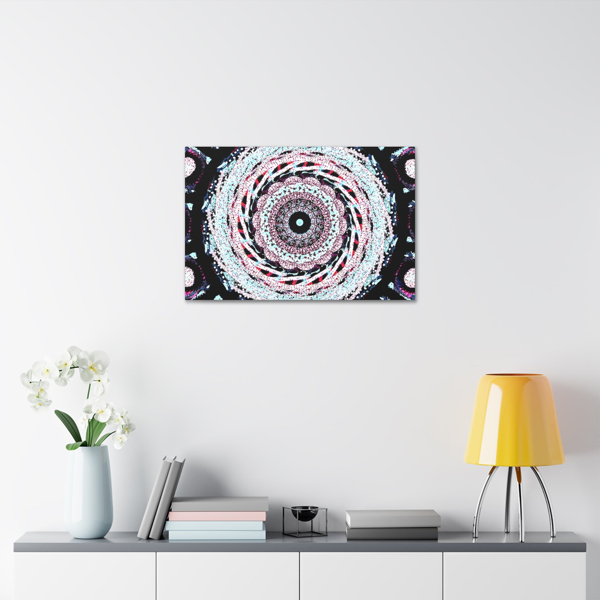 Mandala Kaleidoscope Canvas Wall Art — Psychedelic Pink & Teal Stretched Canvas (1.5")