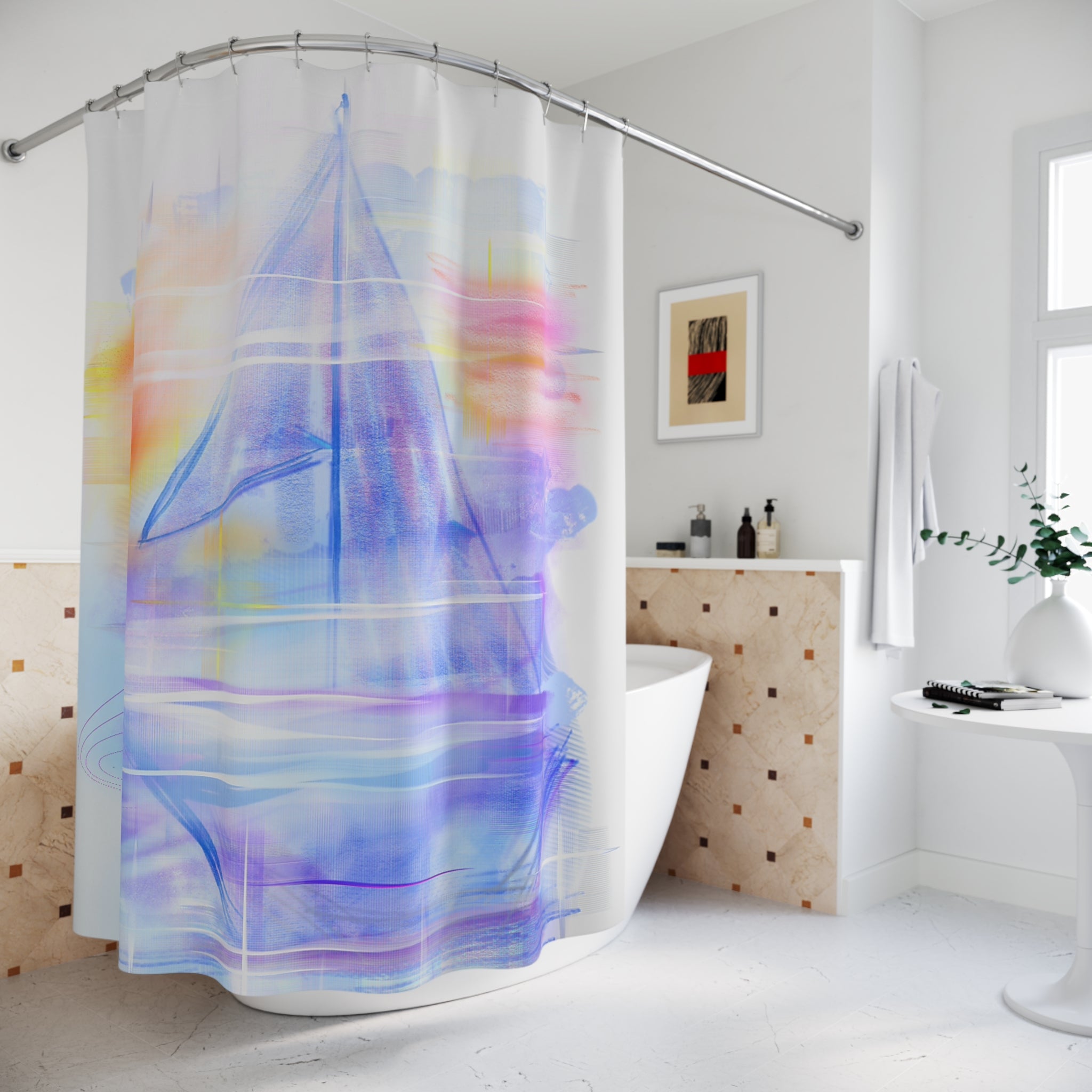 Shower Curtain - Watercolor Sailboat Nautical Beach Bathroom Decor