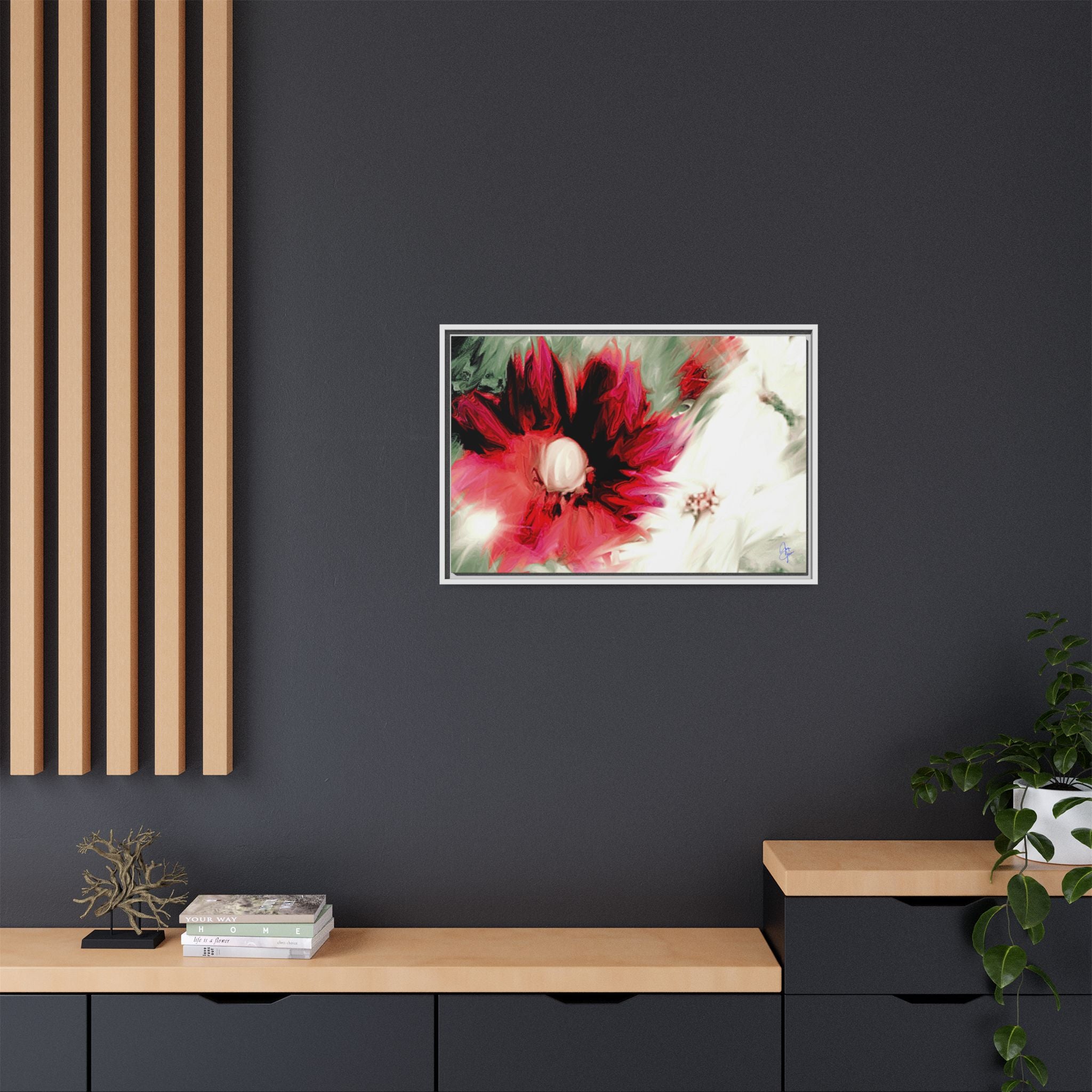 Framed Matte Canvas Print — Blurred Red & White Floral Art