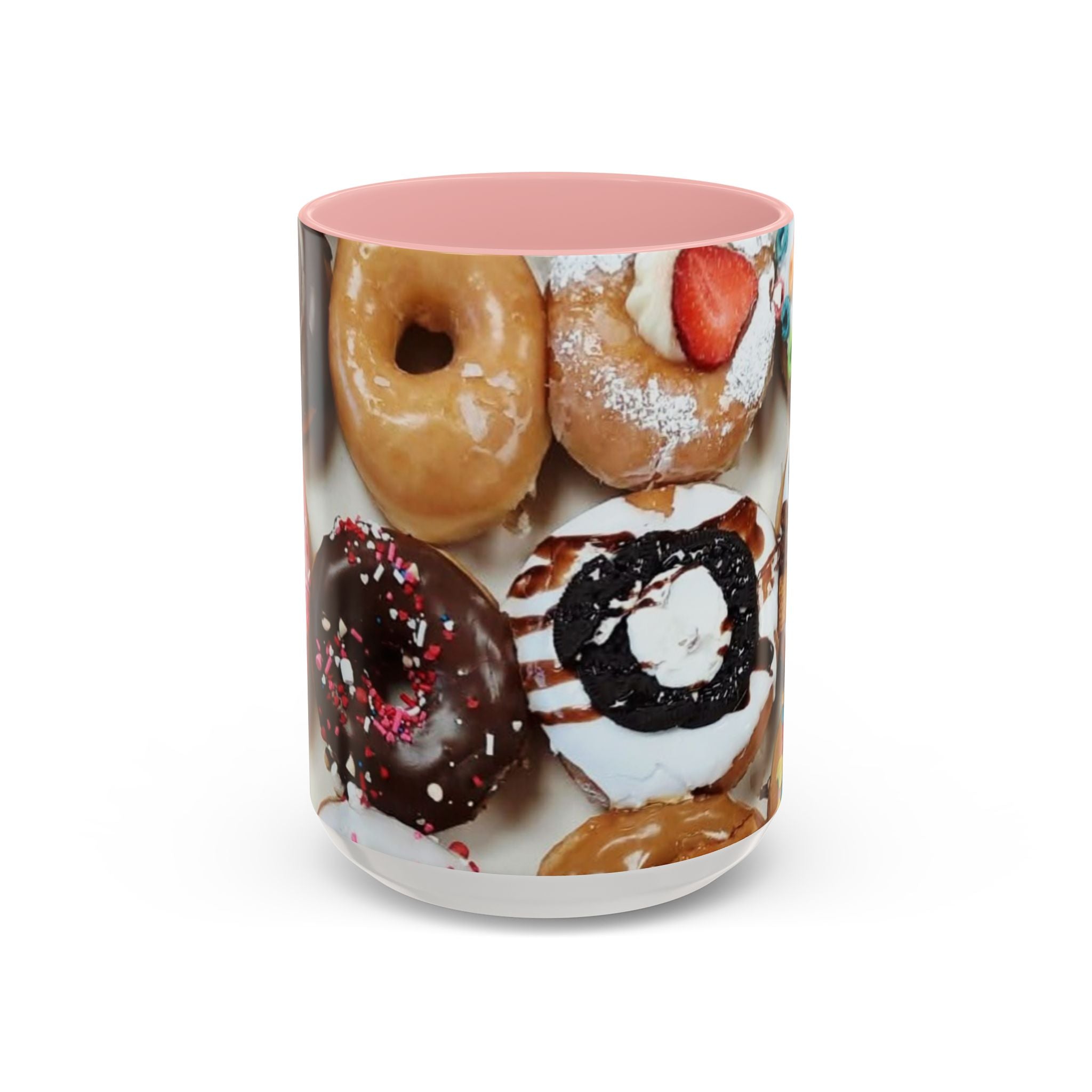 Donut Lover Accent Coffee Mug — Color Inside Rim & Handle, Photo-Print Assorted Donuts (11/15oz)