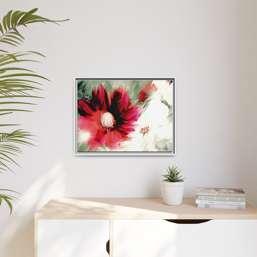 Framed Matte Canvas Print — Blurred Red & White Floral Art