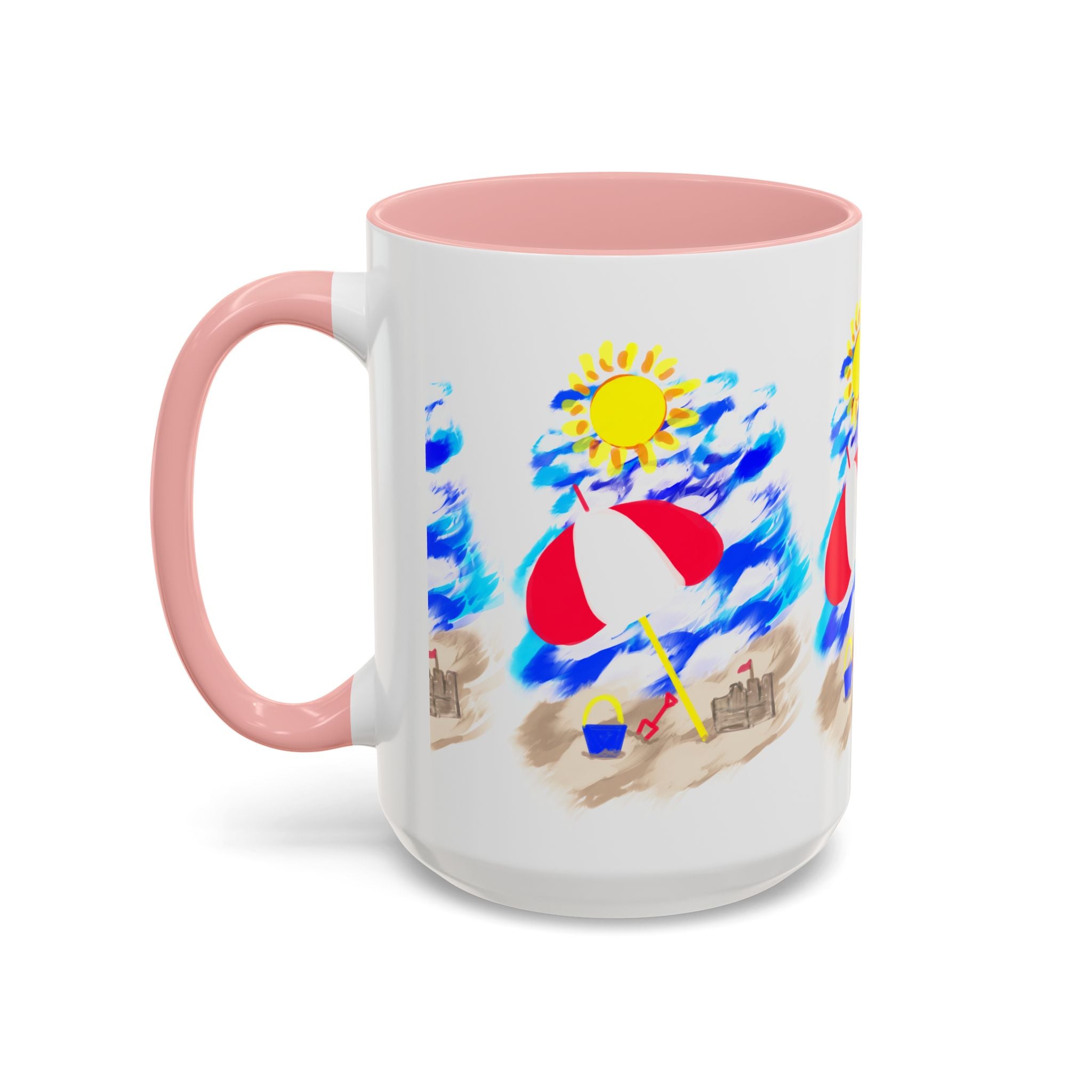 Beach Scene Coffee Mug – Summer Umbrella, Sun & Sandcastle Accent Mug