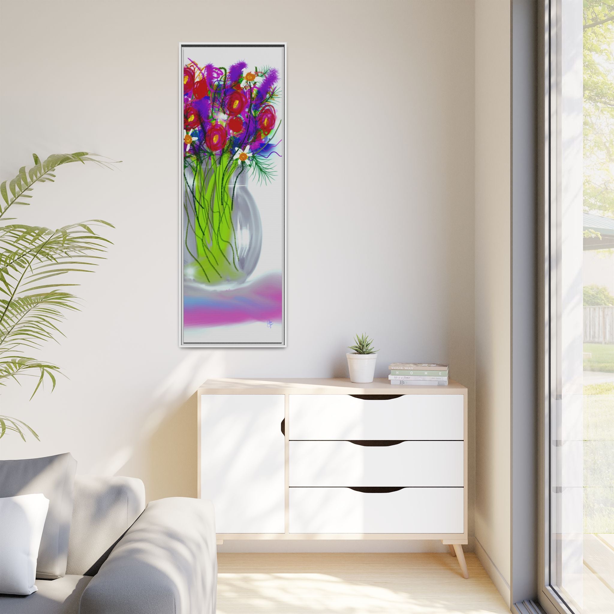 Framed Floral Bouquet Matte Canvas Wall Art — Colorful Abstract Flowers in Vase