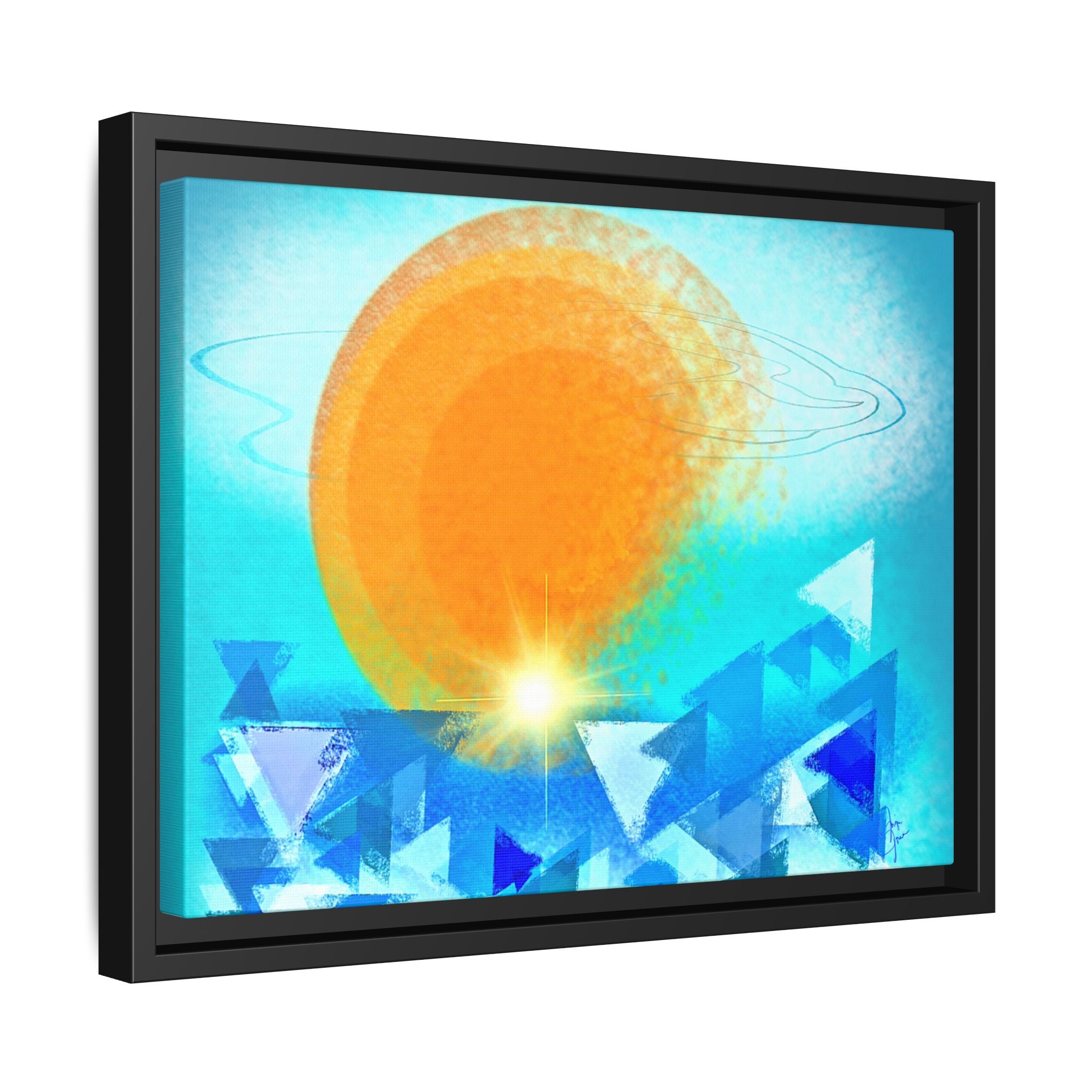 Abstract Sunrise Framed Canvas Art – Orange Sun Over Blue Geometric Waves