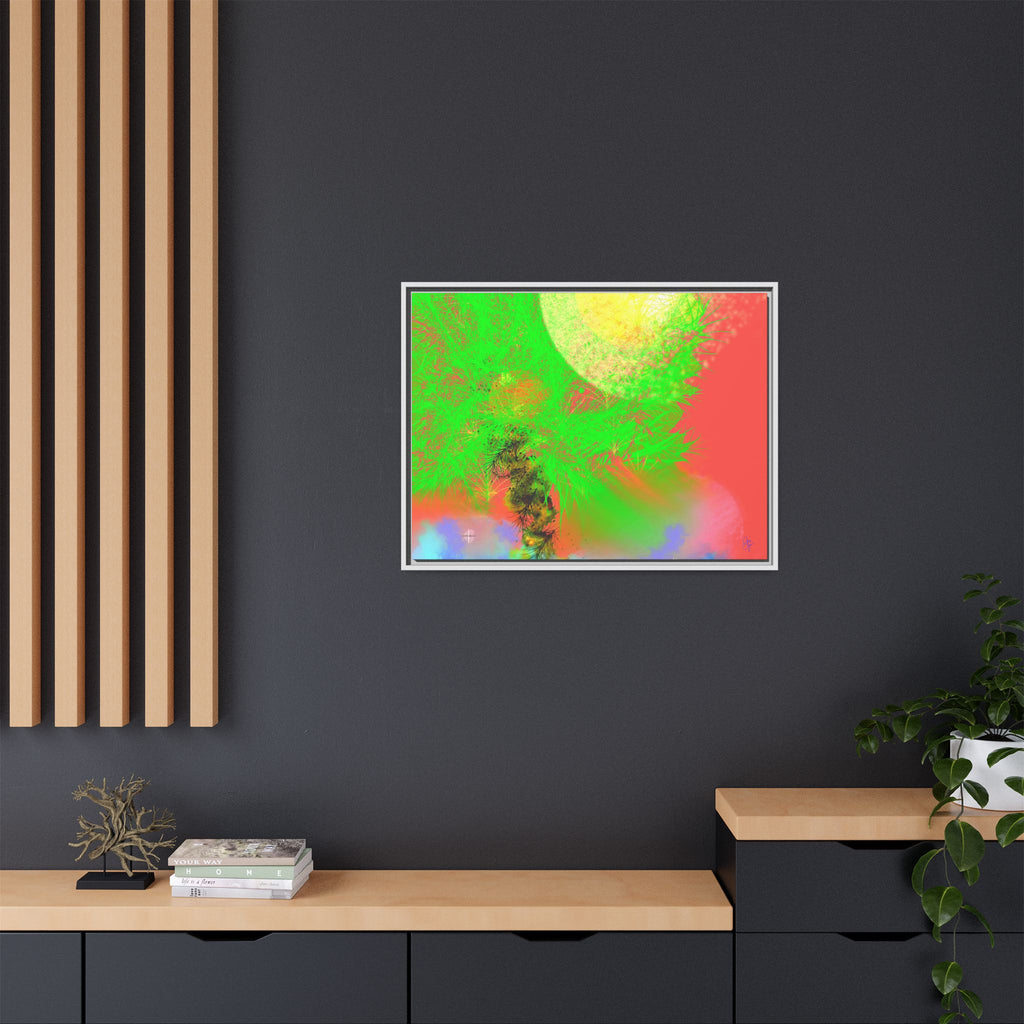Abstract Neon Tree Matte Canvas Framed Art — Vibrant Green Moon Landscape