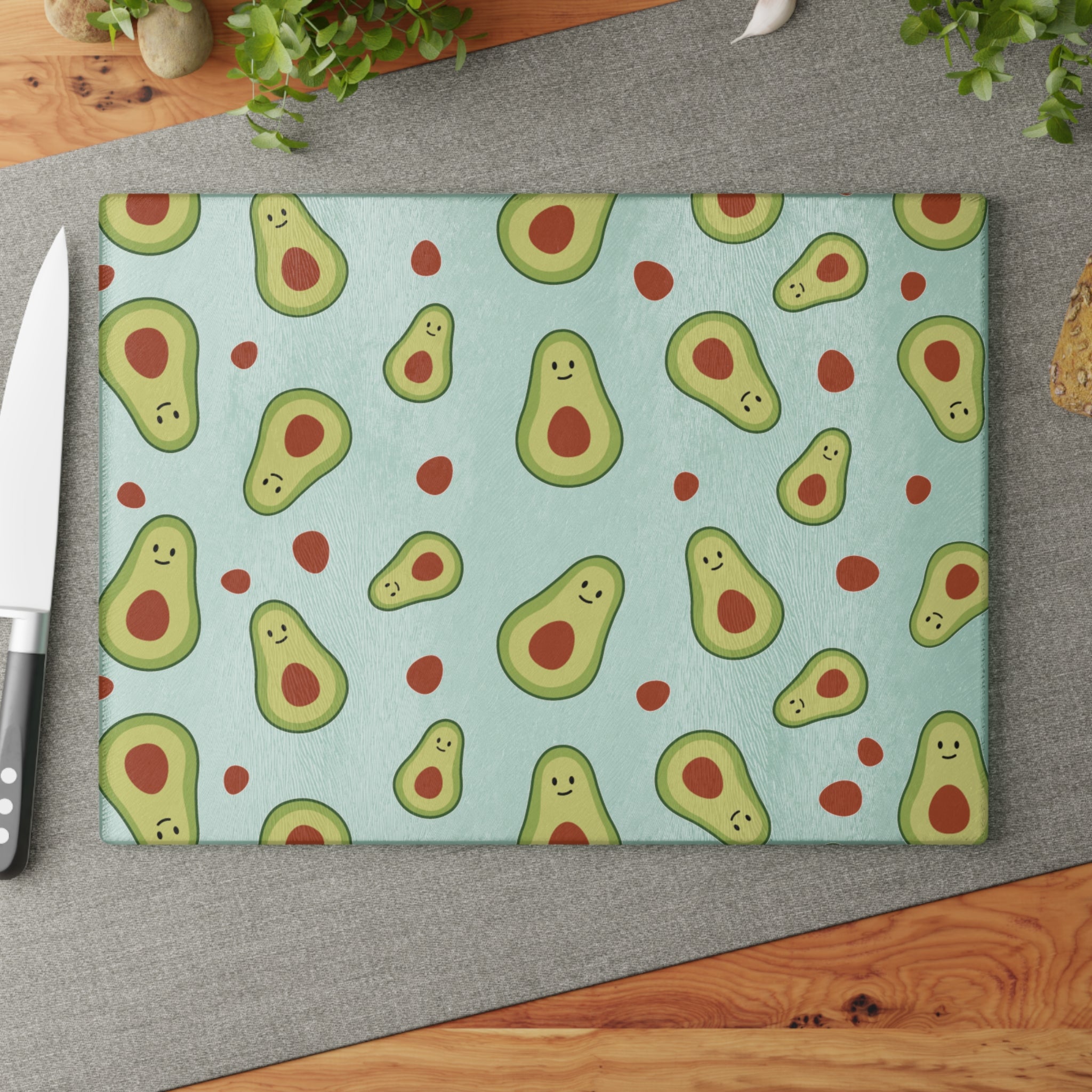 Cute Avocado Pattern Glass Cutting Board — Fun Kitchen Chopping Board for Avocado Lovers