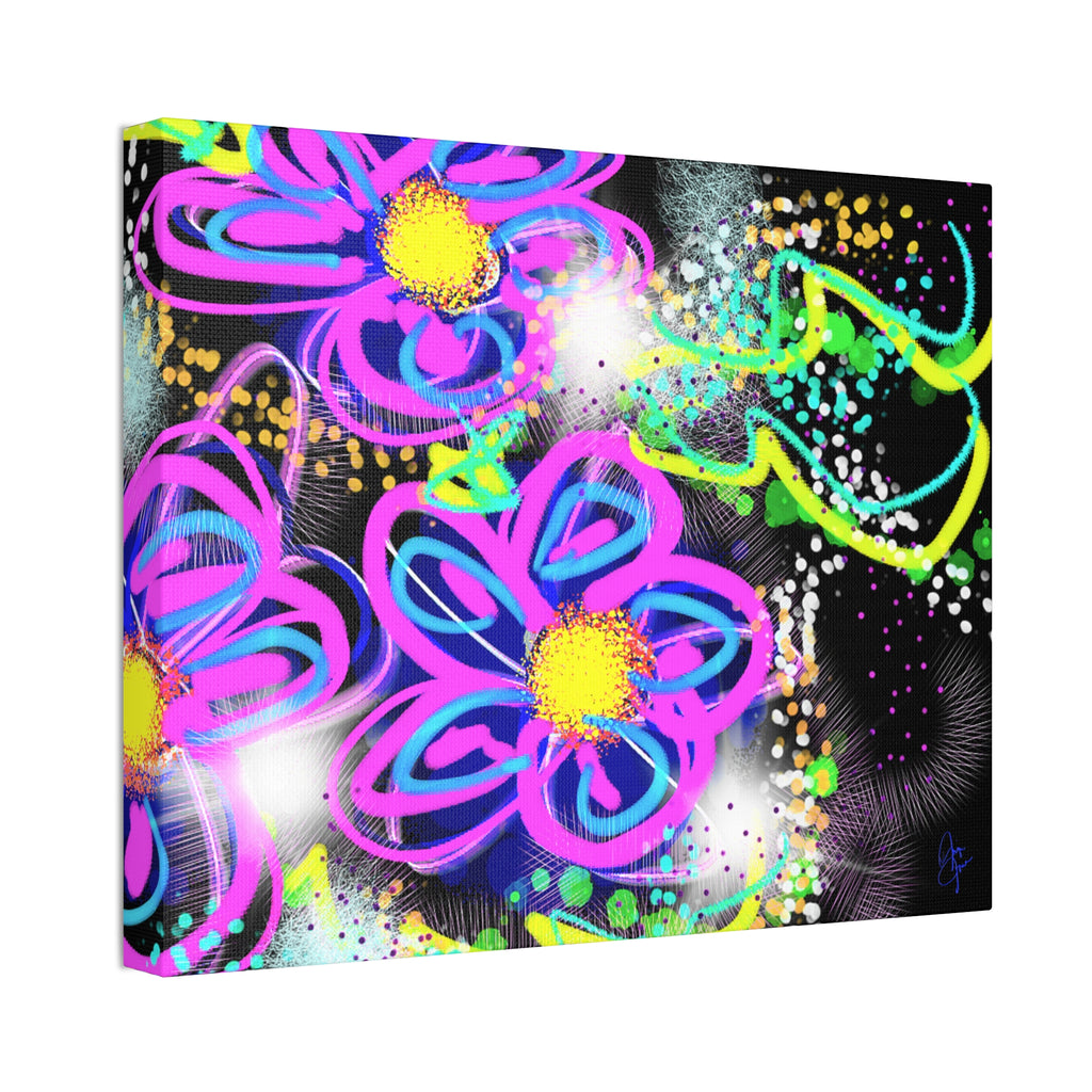 Vibrant Neon Floral Canvas Print — Pink & Green Stretched Wall Art