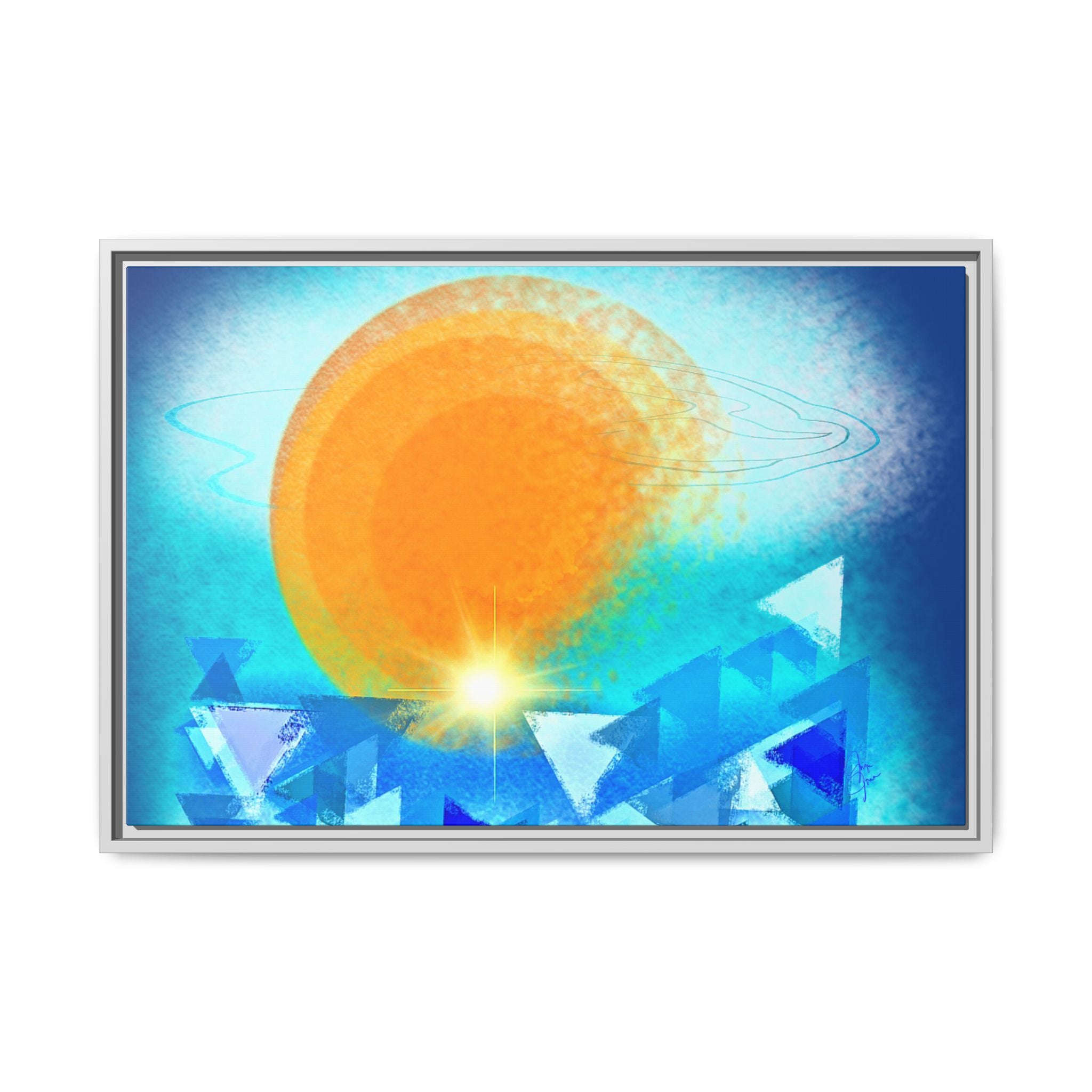 Abstract Sunrise Framed Canvas Art – Orange Sun Over Blue Geometric Waves