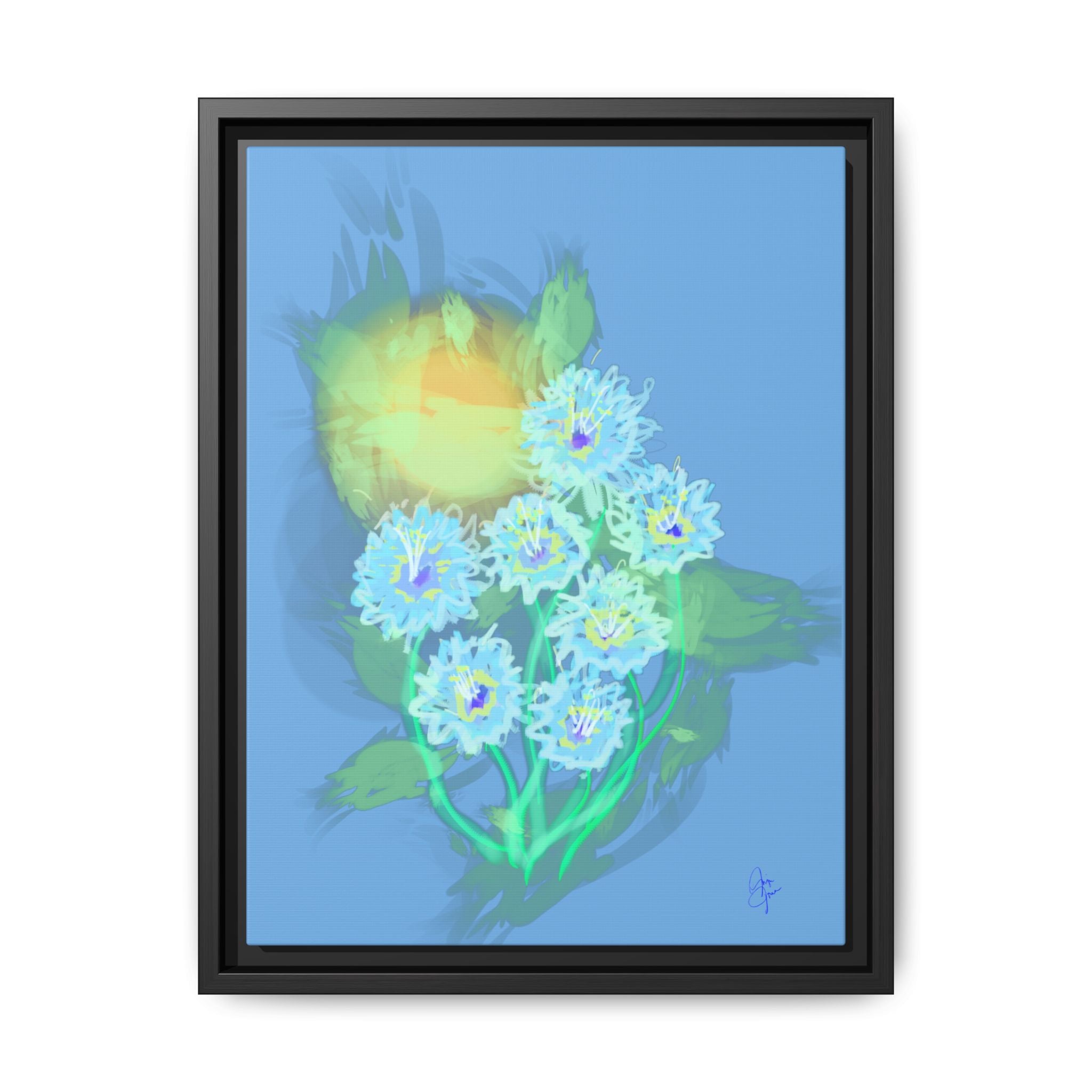 Framed Floral Canvas Art — Blue & Yellow Abstract Bouquet (Matte)