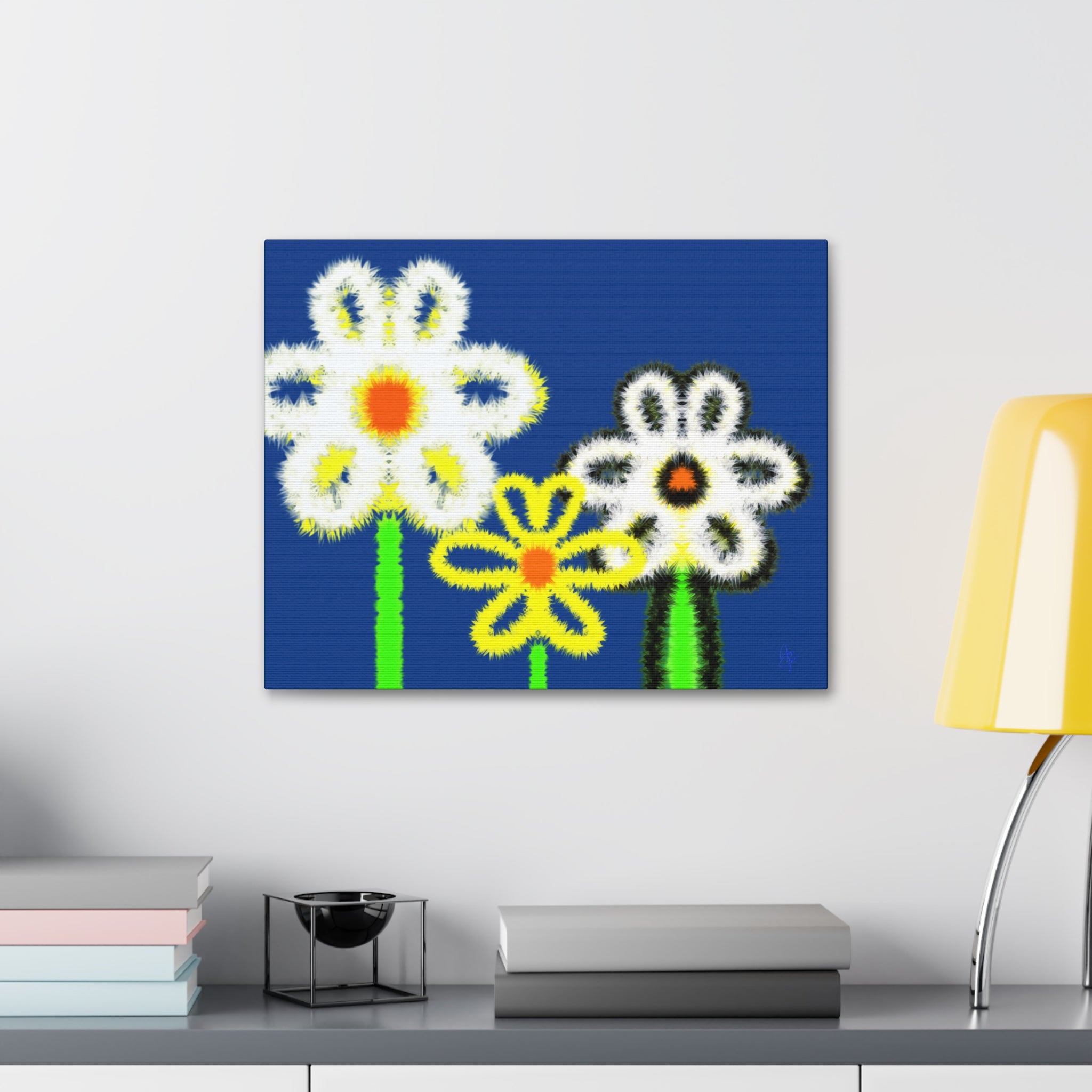 Bright Fuzzy Daisies Canvas Art — Yellow Floral Wall Decor, Stretched 1.5"